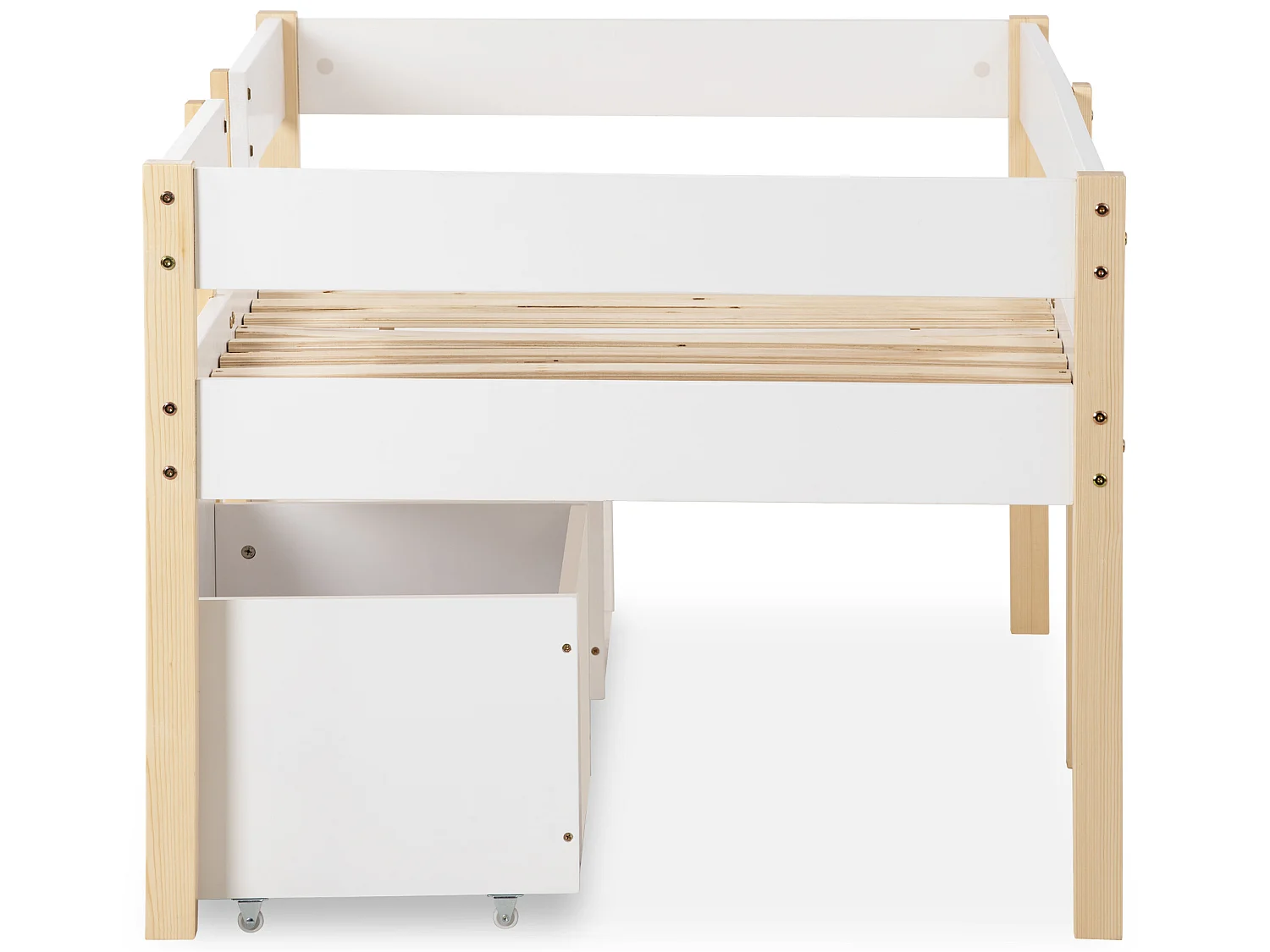 Mittelhohes Bett mit 2 großen Schubladen – 90 x 200 cm – Kiefernholz – Lattenrost – Farben: Weiß und Eiche