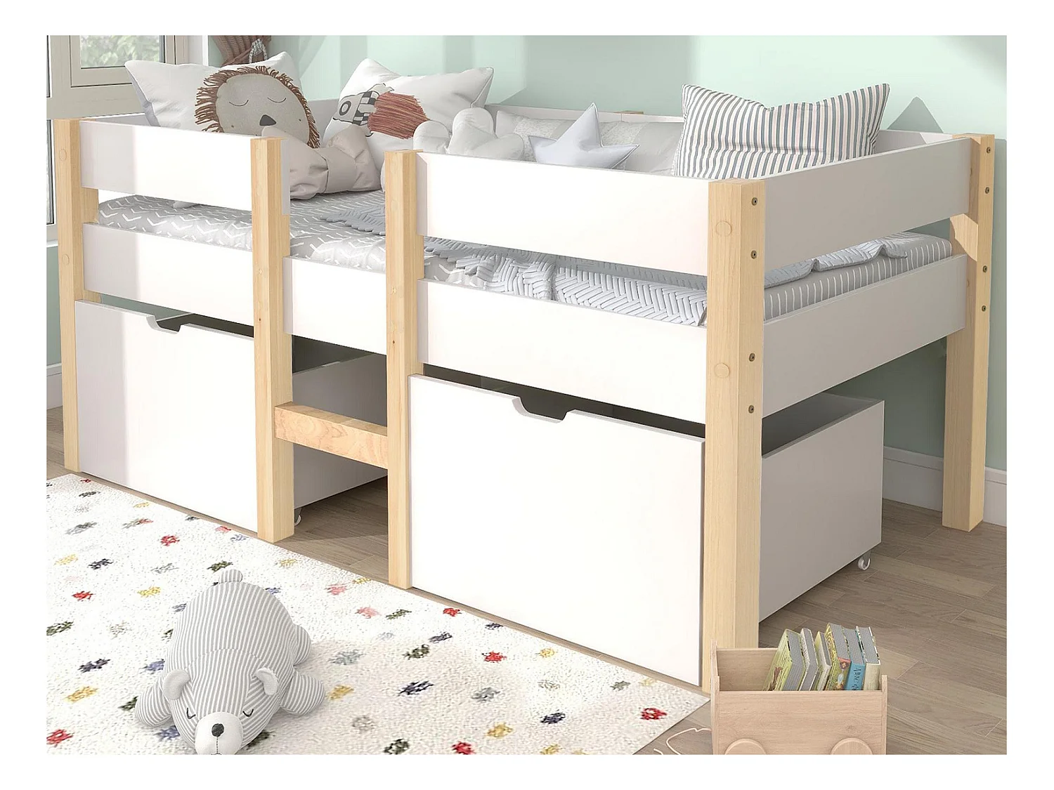 Mittelhohes Bett mit 2 großen Schubladen – 90 x 200 cm – Kiefernholz – Lattenrost – Farben: Weiß und Eiche