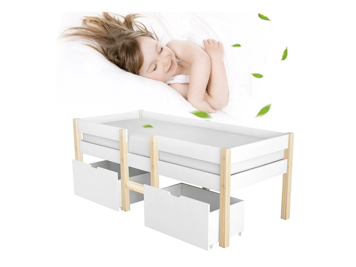 Cama de altura média com 2 gavetas grandes - 90 x 200 cm - madeira de pinho - base de ripas - cores: branco e carvalho