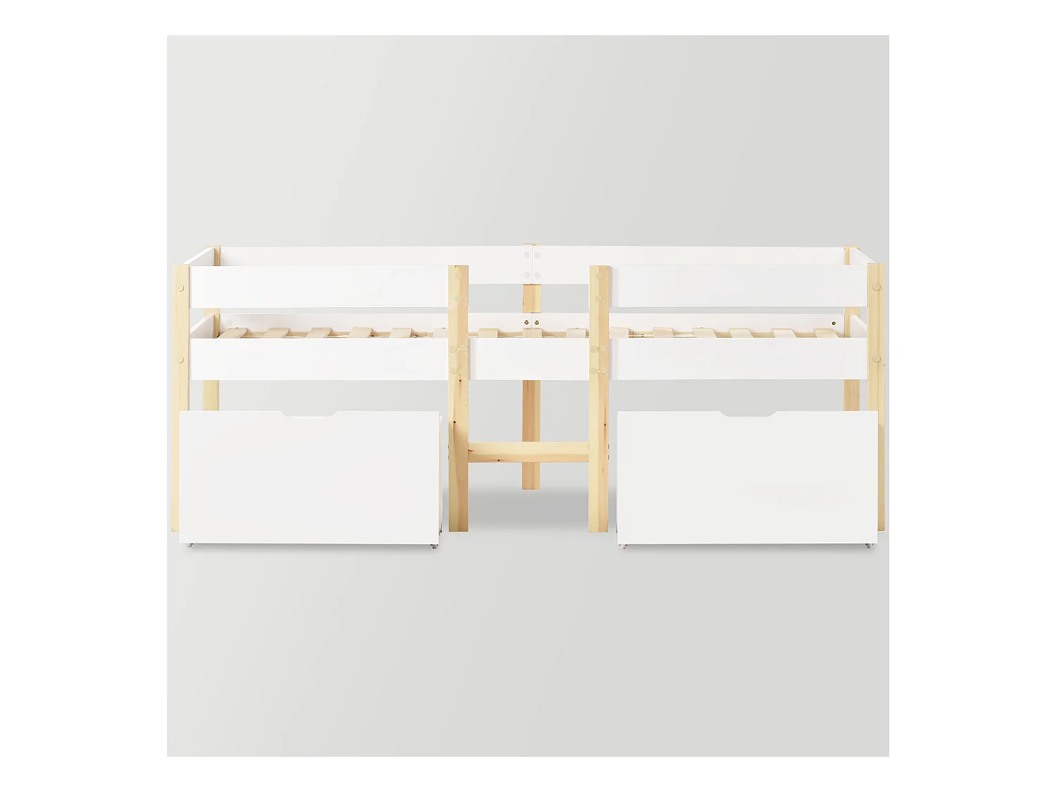 Cama de altura média com 2 gavetas grandes - 90 x 200 cm - madeira de pinho - base de ripas - cores: branco e carvalho