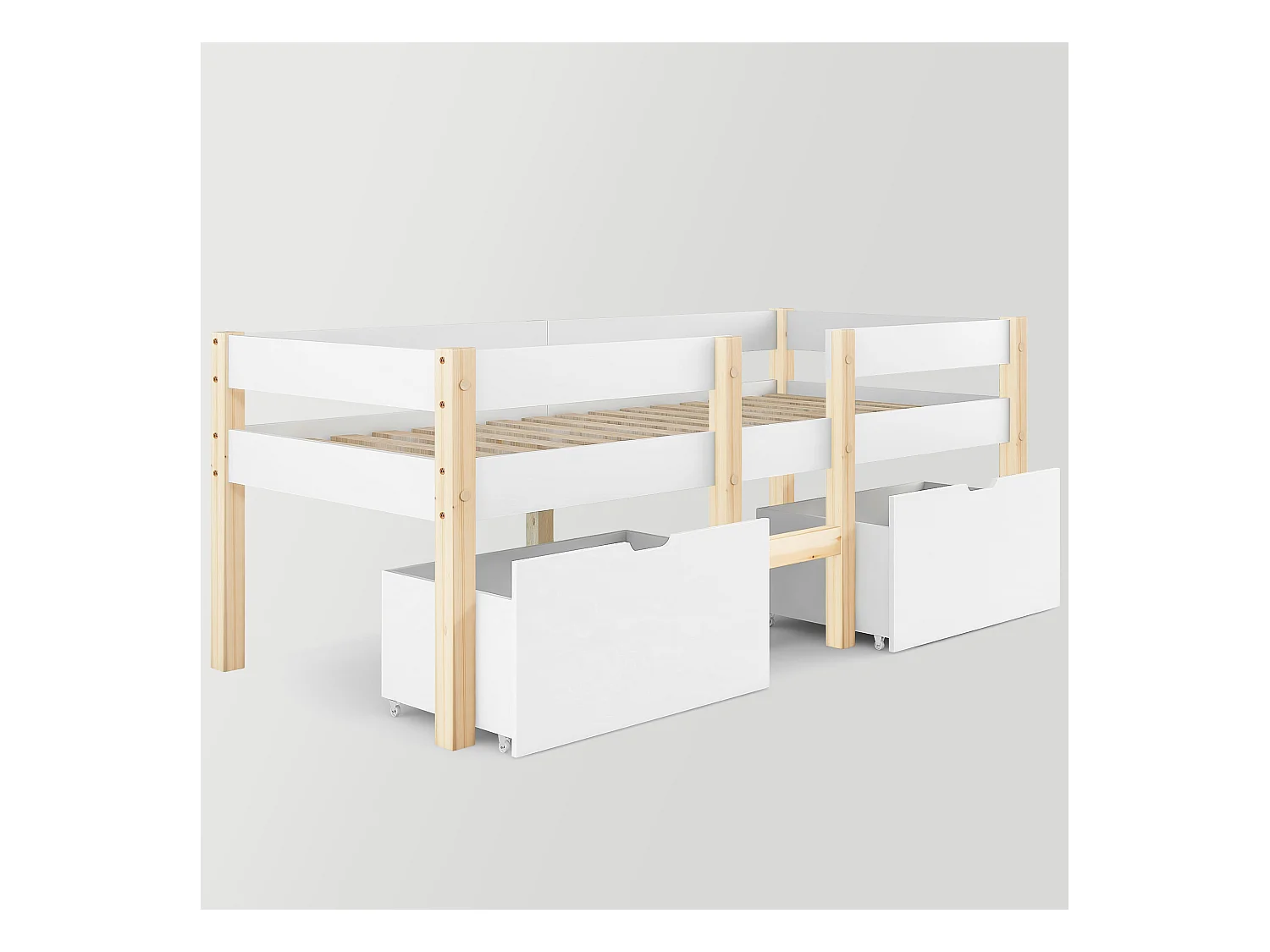 Cama de altura média com 2 gavetas grandes - 90 x 200 cm - madeira de pinho - base de ripas - cores: branco e carvalho
