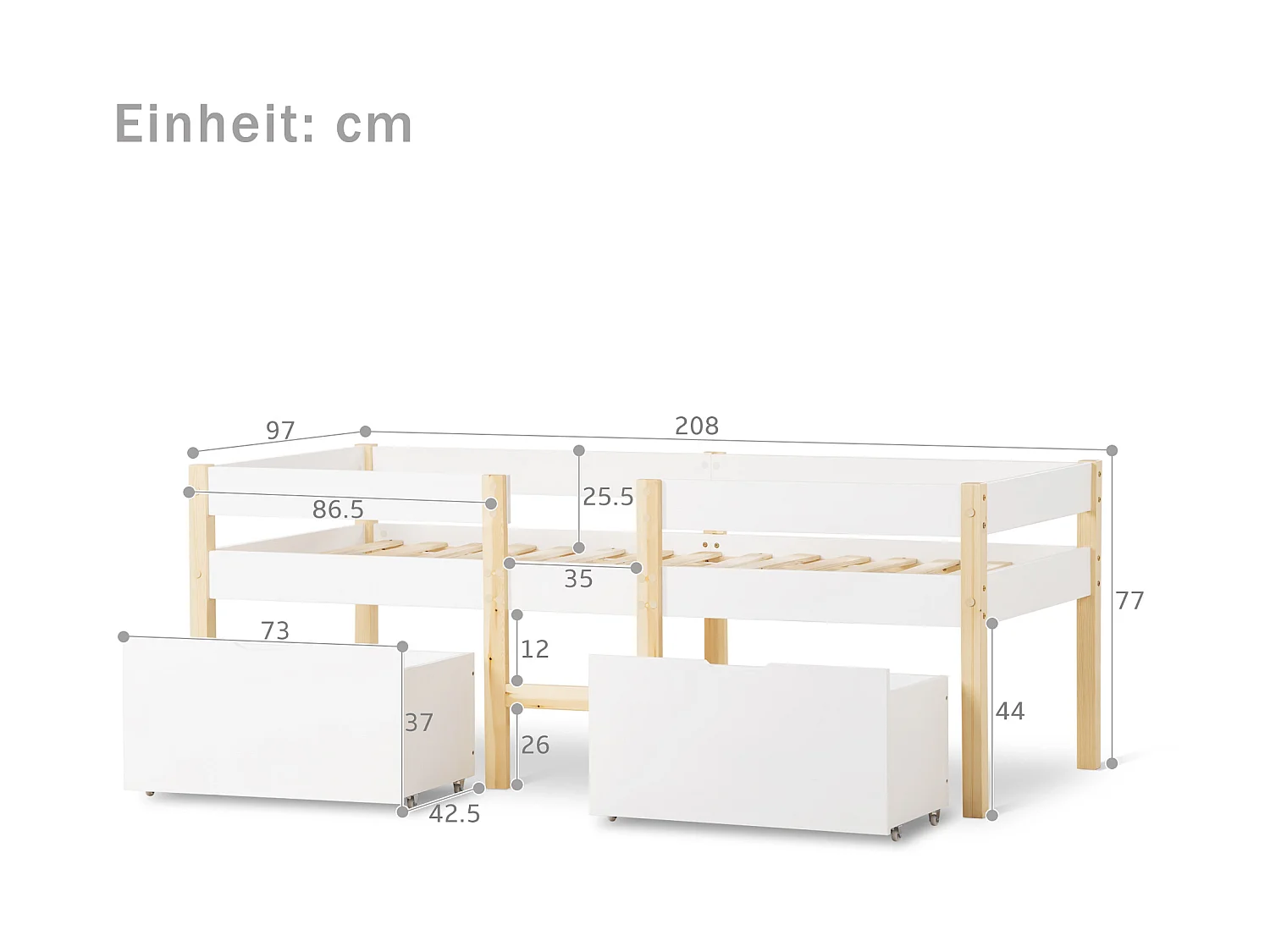 Cama de altura média com 2 gavetas grandes - 90 x 200 cm - madeira de pinho - base de ripas - cores: branco e carvalho