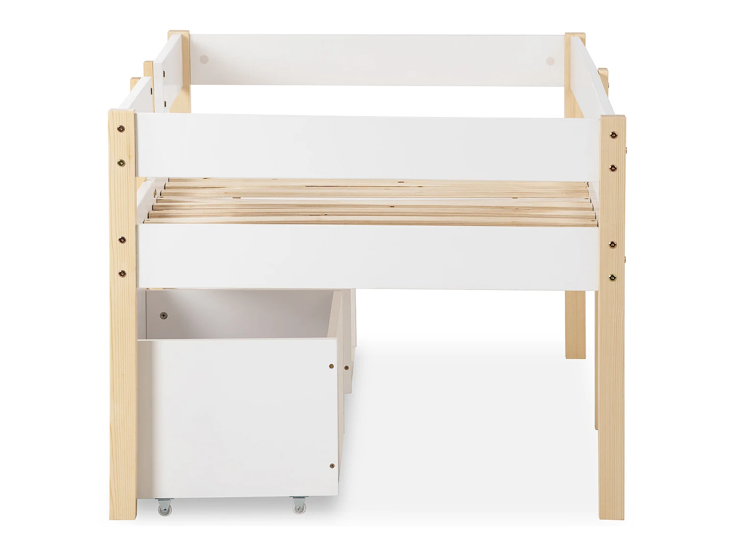Cama de altura média com 2 gavetas grandes - 90 x 200 cm - madeira de pinho - base de ripas - cores: branco e carvalho