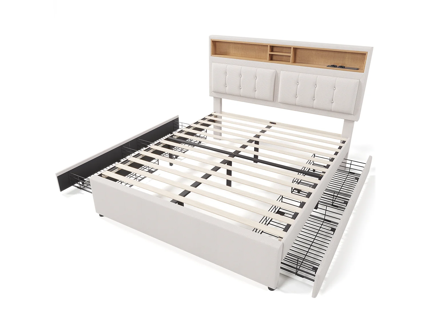 Bed met verstelbaar hoofdeinde - 140 x 200 cm - 4 laden, planken en USB C-aansluiting - linnen stof - beige kleur