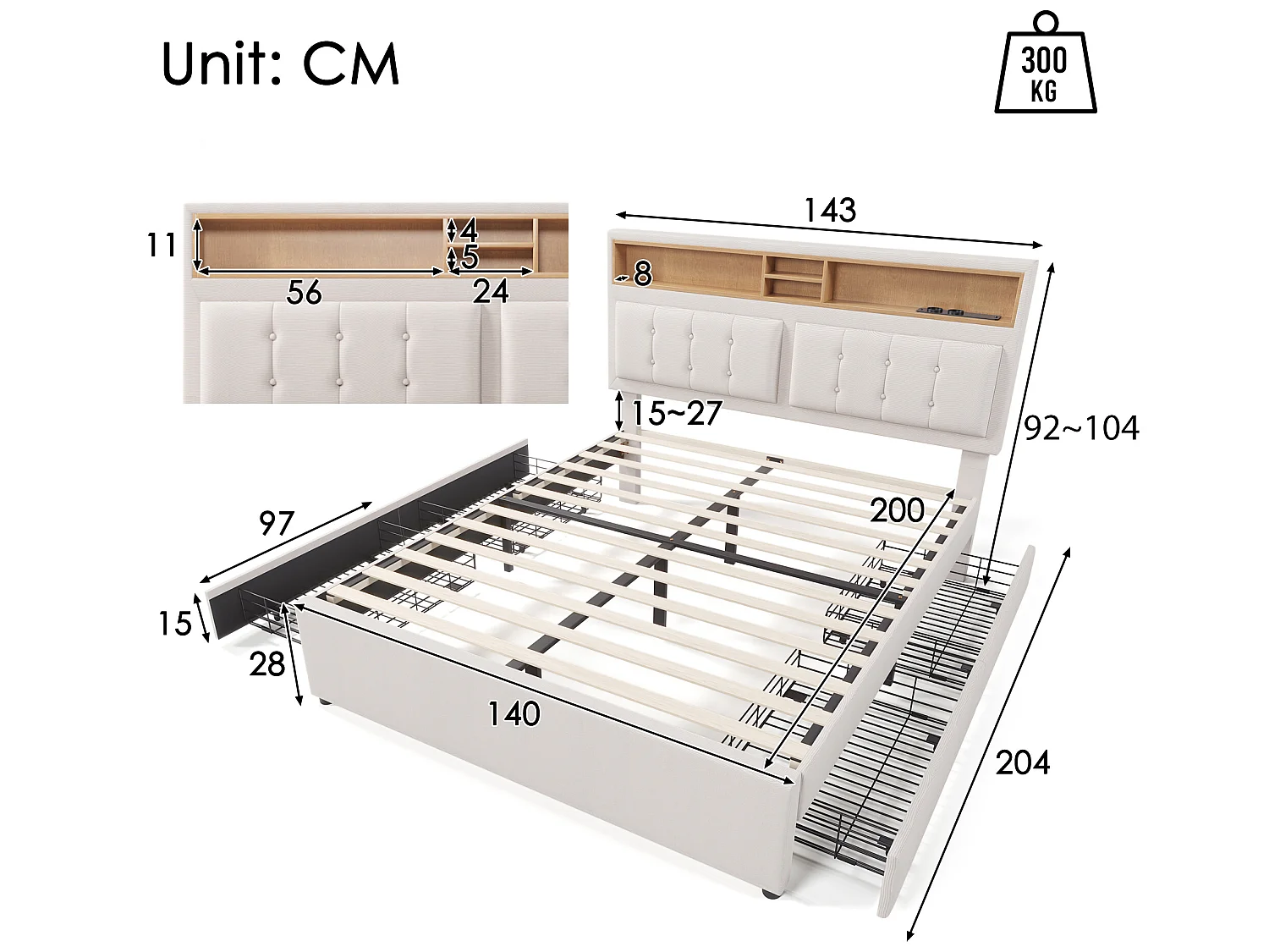 Bed met verstelbaar hoofdeinde - 140 x 200 cm - 4 laden, planken en USB C-aansluiting - linnen stof - beige kleur