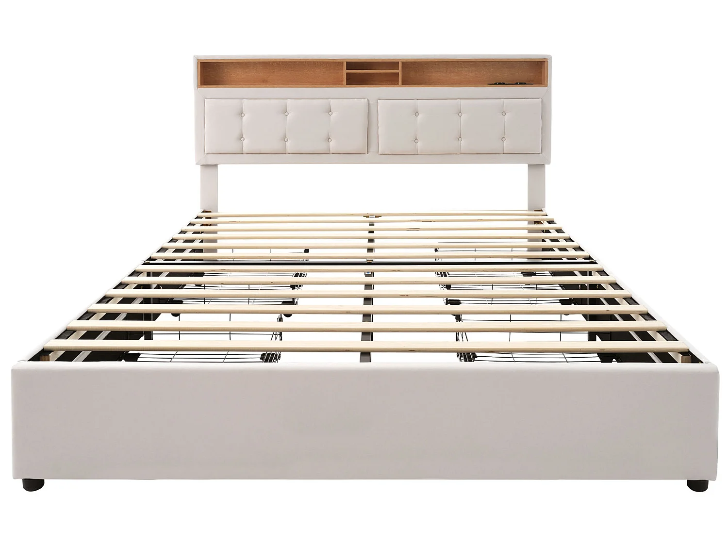 Bed met verstelbaar hoofdeinde - 140 x 200 cm - 4 laden, planken en USB C-aansluiting - linnen stof - beige kleur