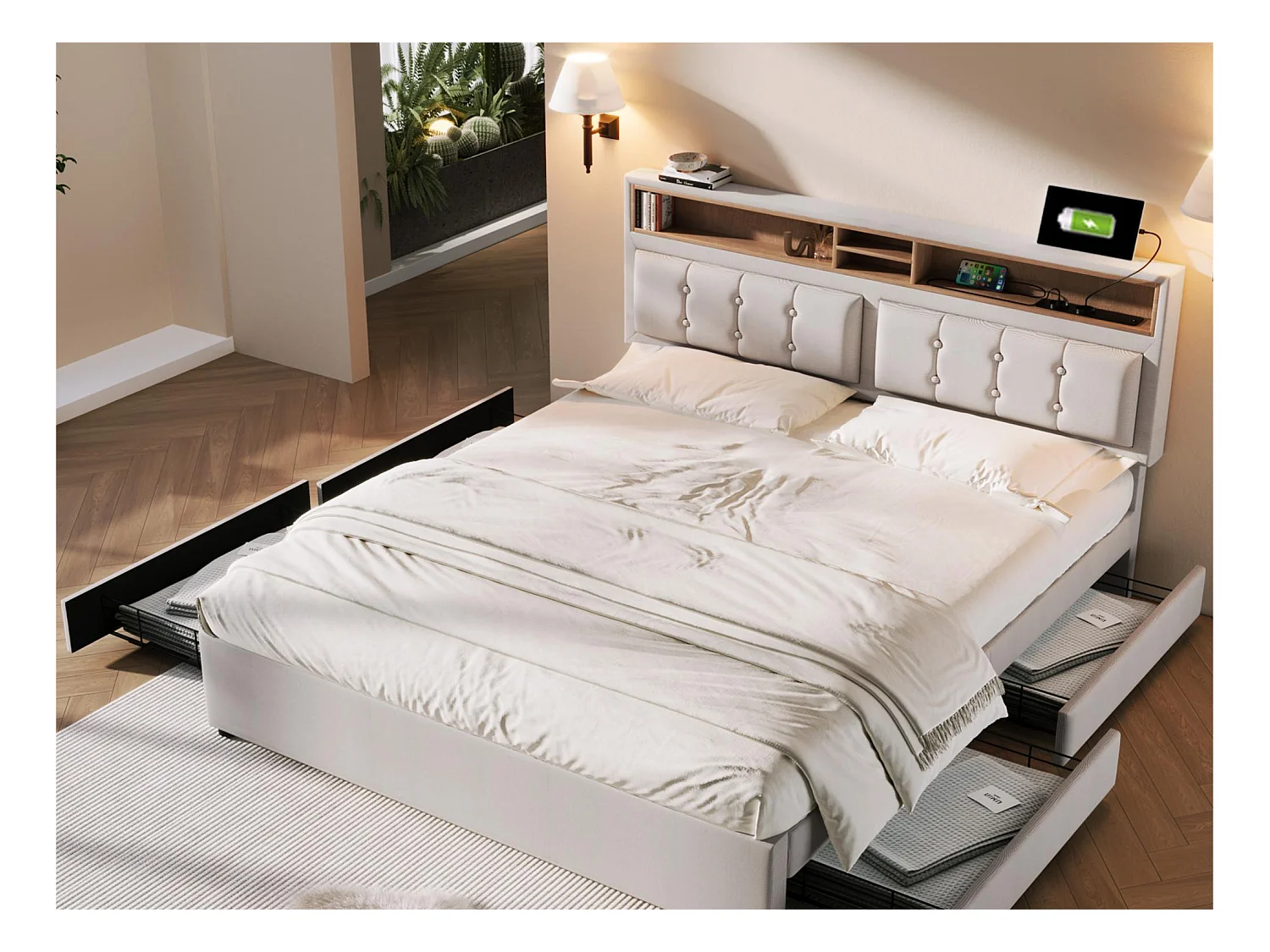 Lit avec tête de lit réglable - 140 x 200 cm - 4 tiroirs, étagères et prise USB C -  tissu lin - coloris beige