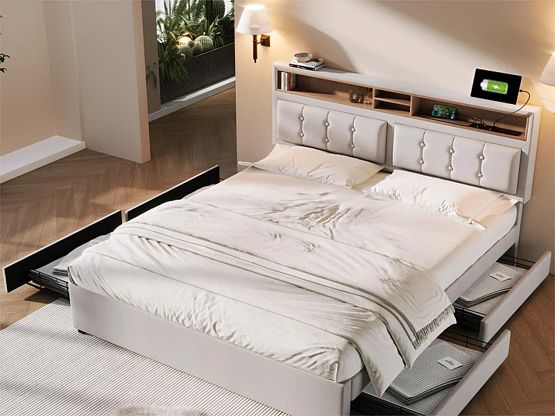 Letto con testiera regolabile - 140 x 200 cm - 4 cassetti, ripiani e presa USB C - tessuto lino - colore beige