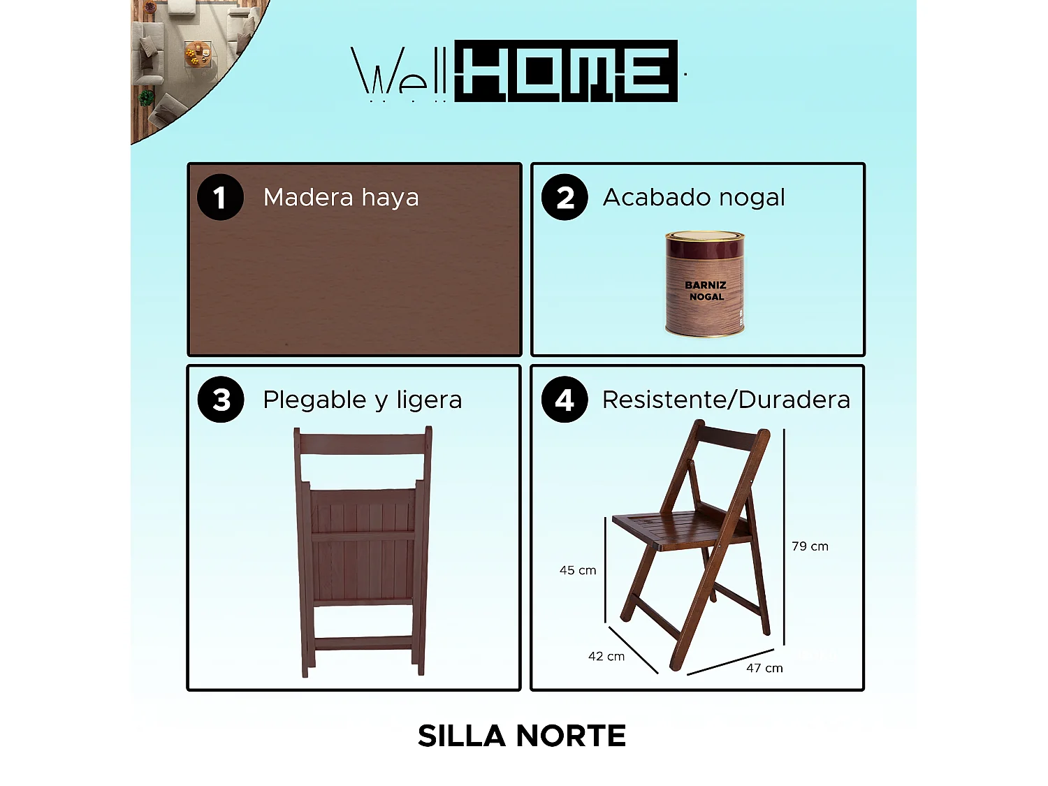 Chaise NORTE en bois de hêtre, finition noyer, 43x47x79 cm