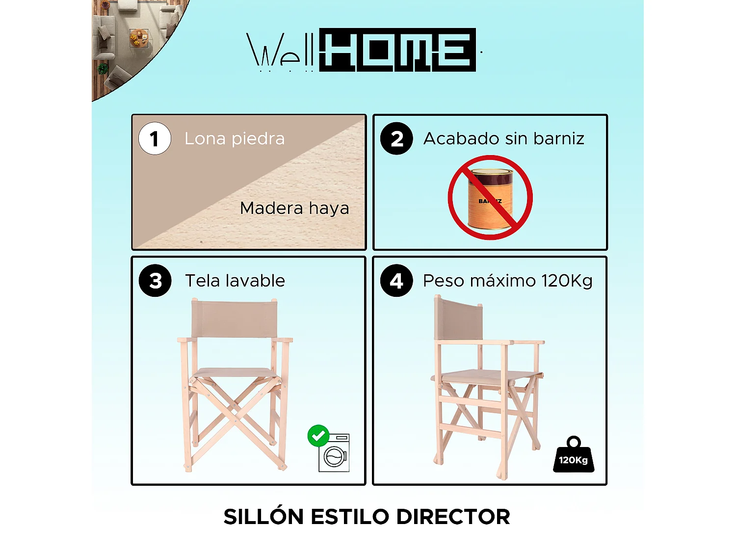 Chaise de réalisateur Sunset finition SANS vernis, toile gris pierre, 51x46x86 cm