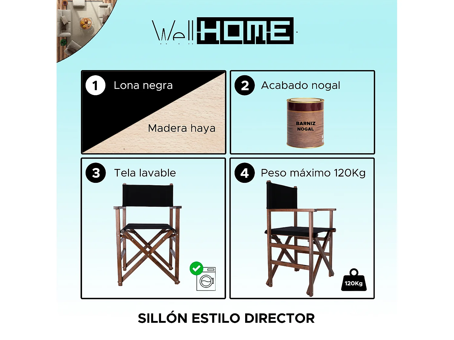 Chaise de réalisateur structure en noyer et toile noire, 51x46x86 cm