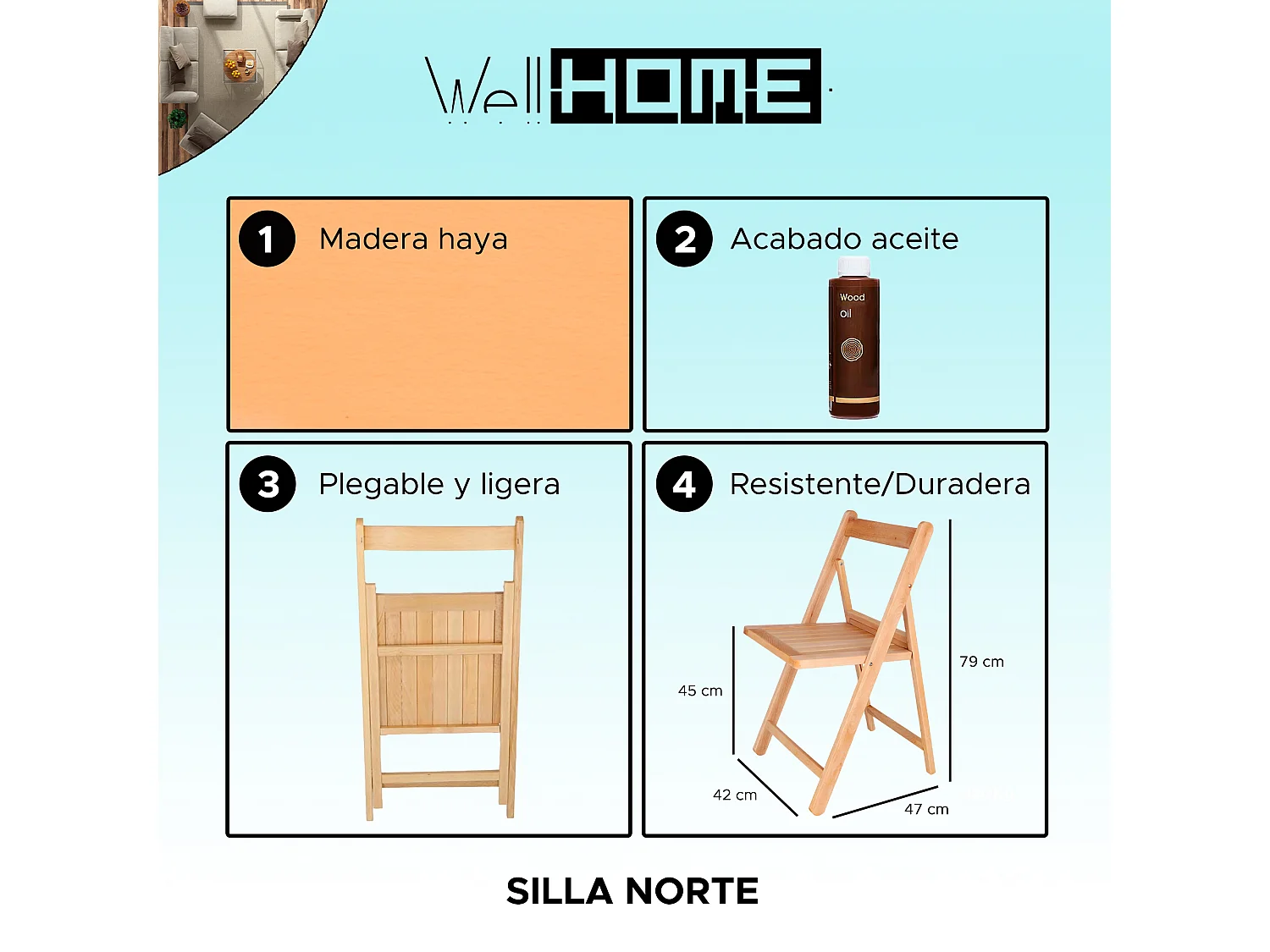 Chaise NORTE en bois de hêtre, finition huilée, 43x47x79 cm