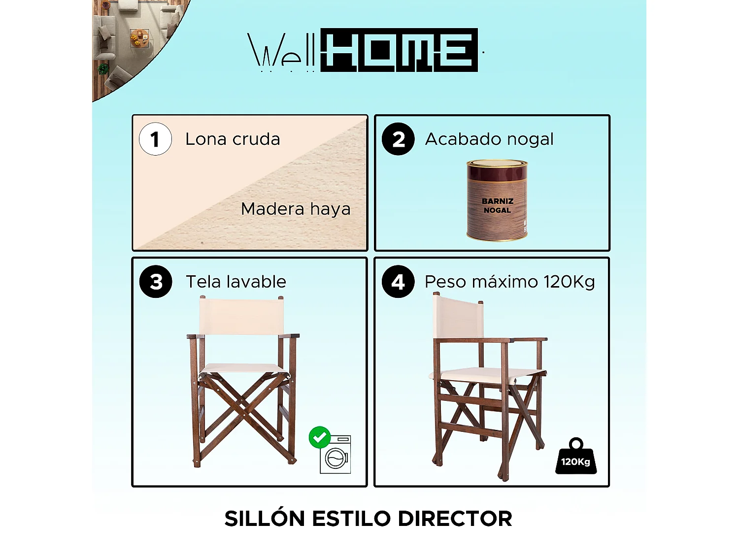 Chaise de réalisateur structure noyer et toile brute, 51x46x86 cm