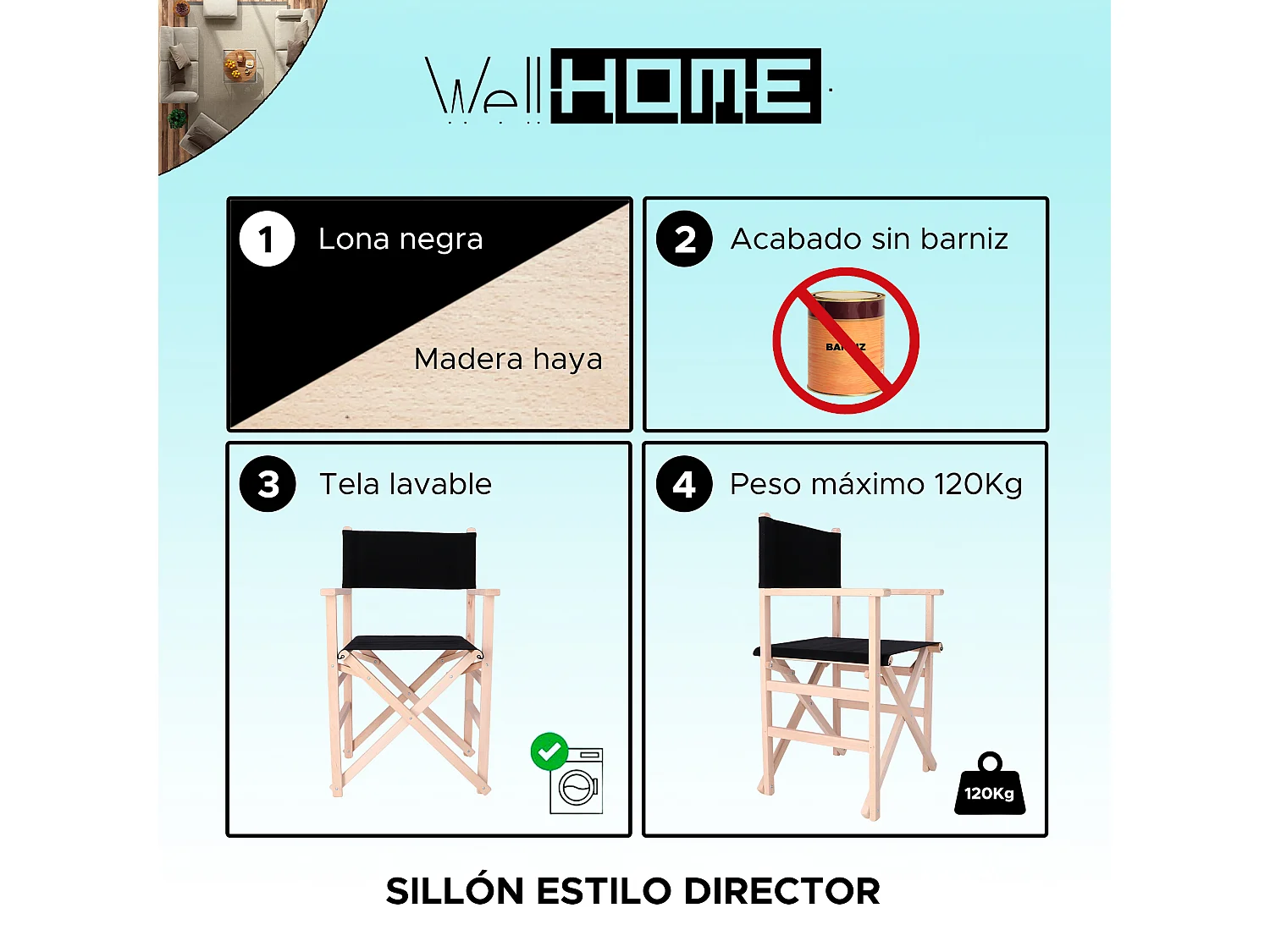 Chaise de réalisateur Sunset fini SANS vernis, toile noire, 51x46x86 cm