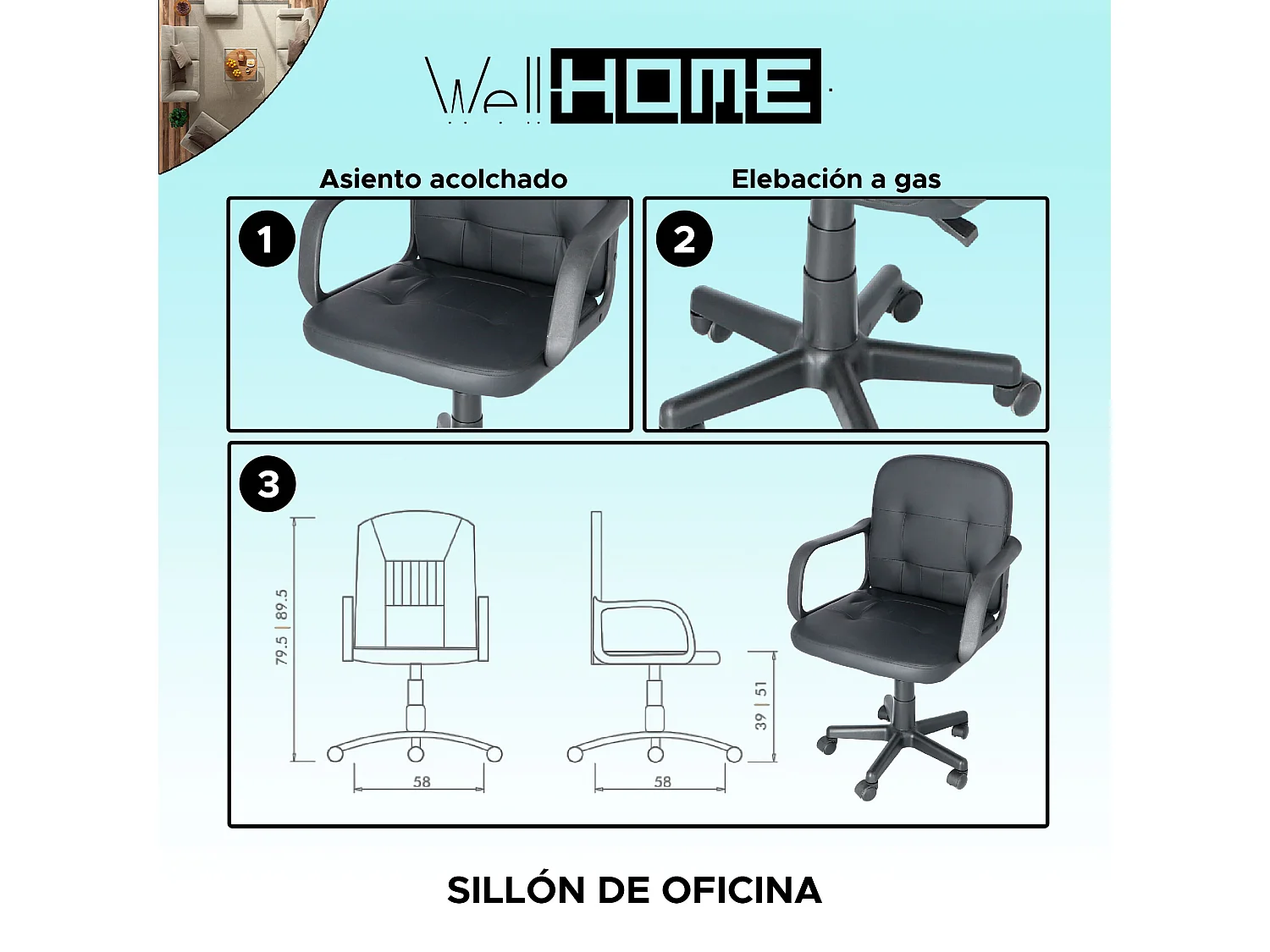 Fauteuil de bureau Mom en rembourrage noir, 58x58x80 cm