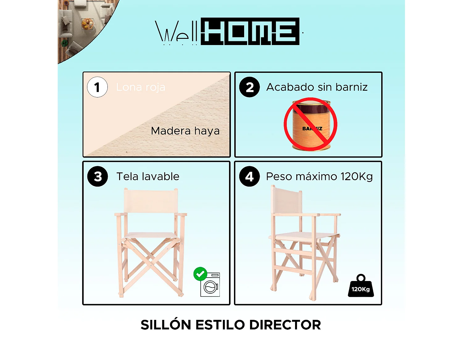 Chaise de réalisateur en bois de hêtre fini SANS vernis, 51,5x46x86 cm