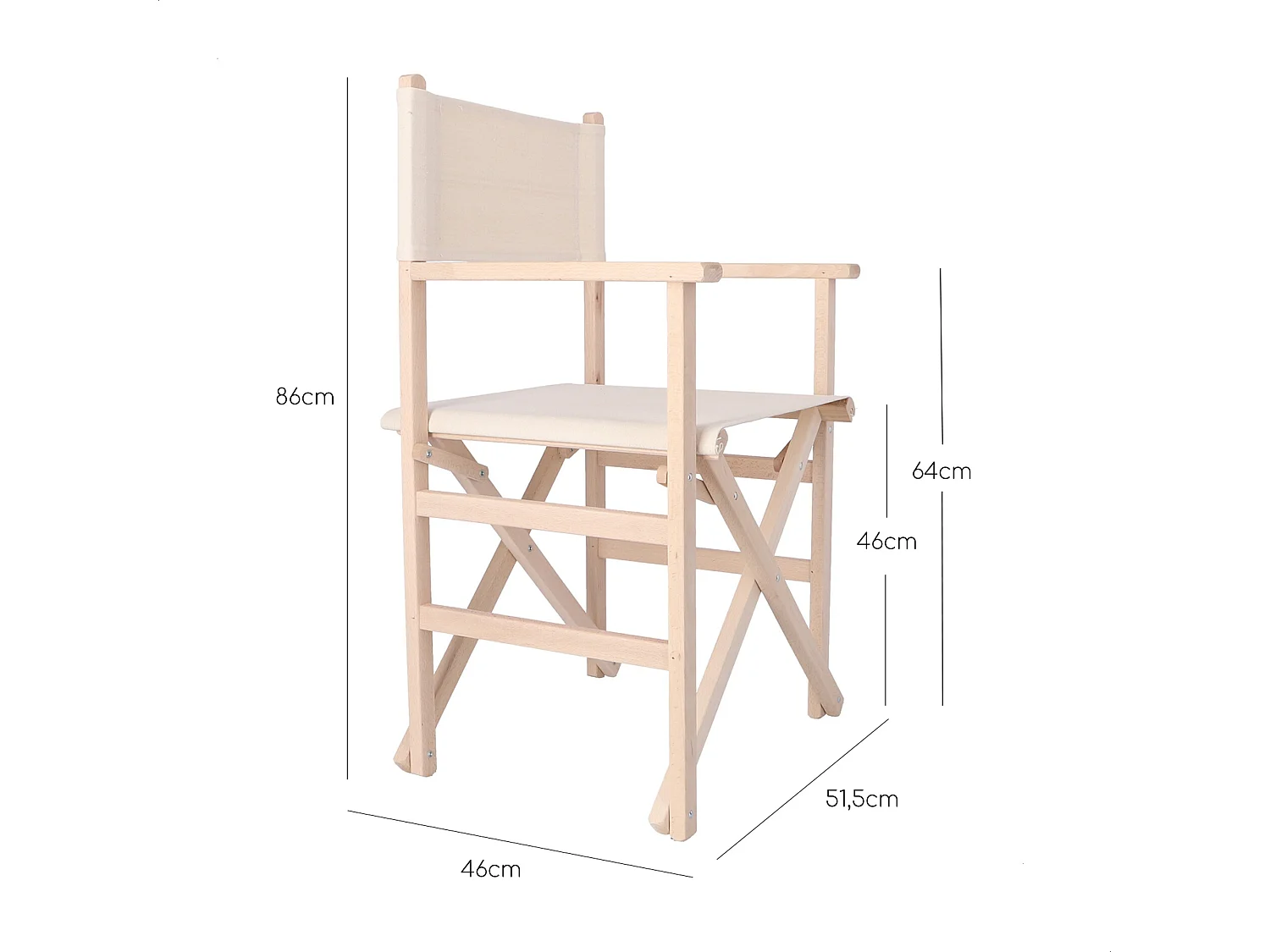 Chaise de réalisateur en bois de hêtre fini SANS vernis, 51,5x46x86 cm