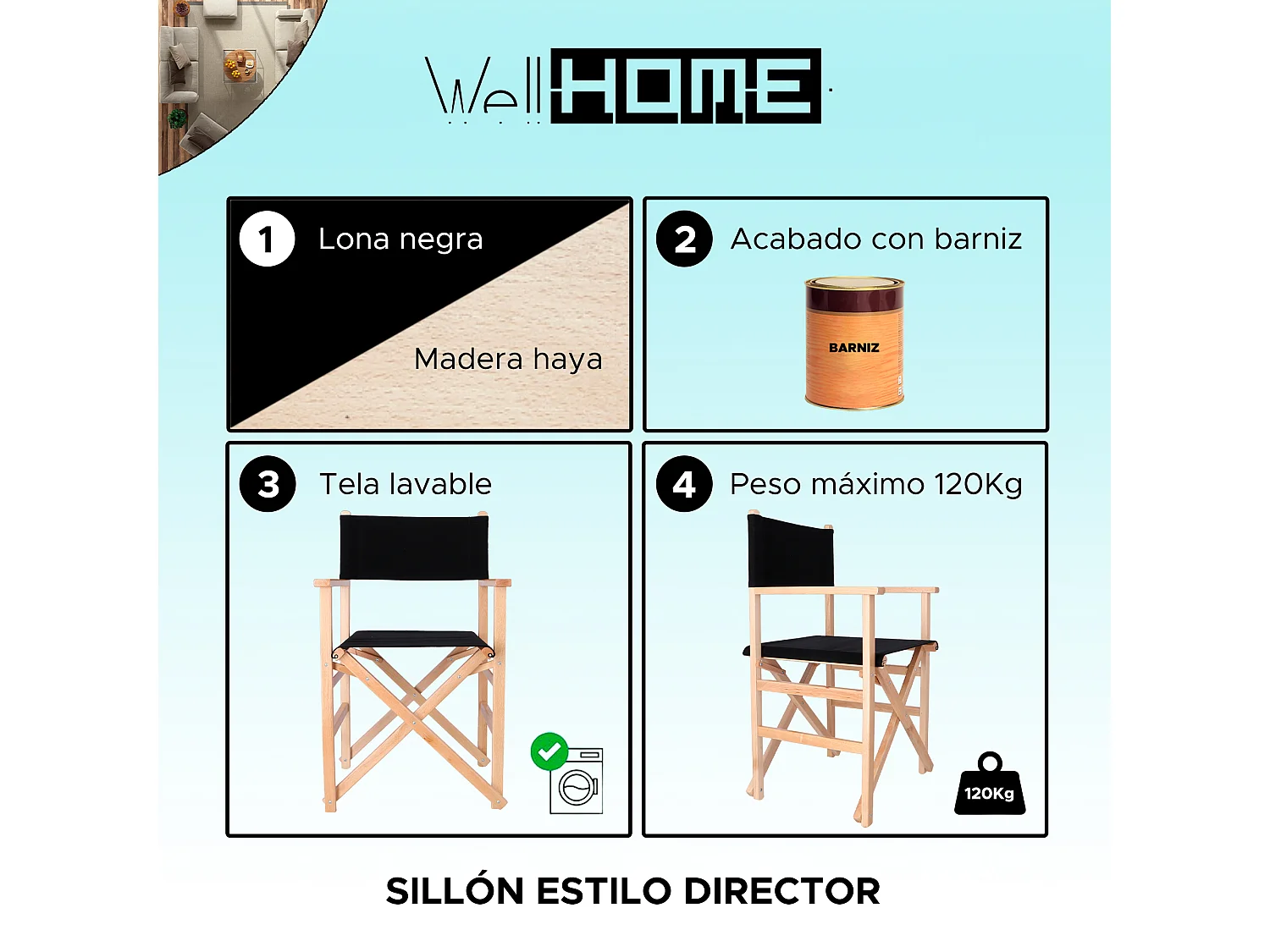 Chaise de réalisateur Sunset finition vernis, toile noire, 51x46x86 cm