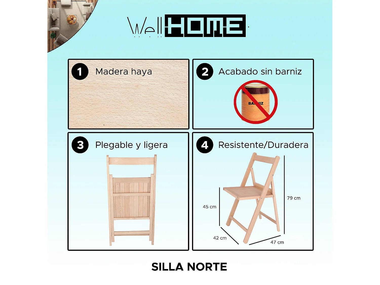 Chaise NORTE en bois de hêtre, finition SANS vernis, 43x47x79 cm