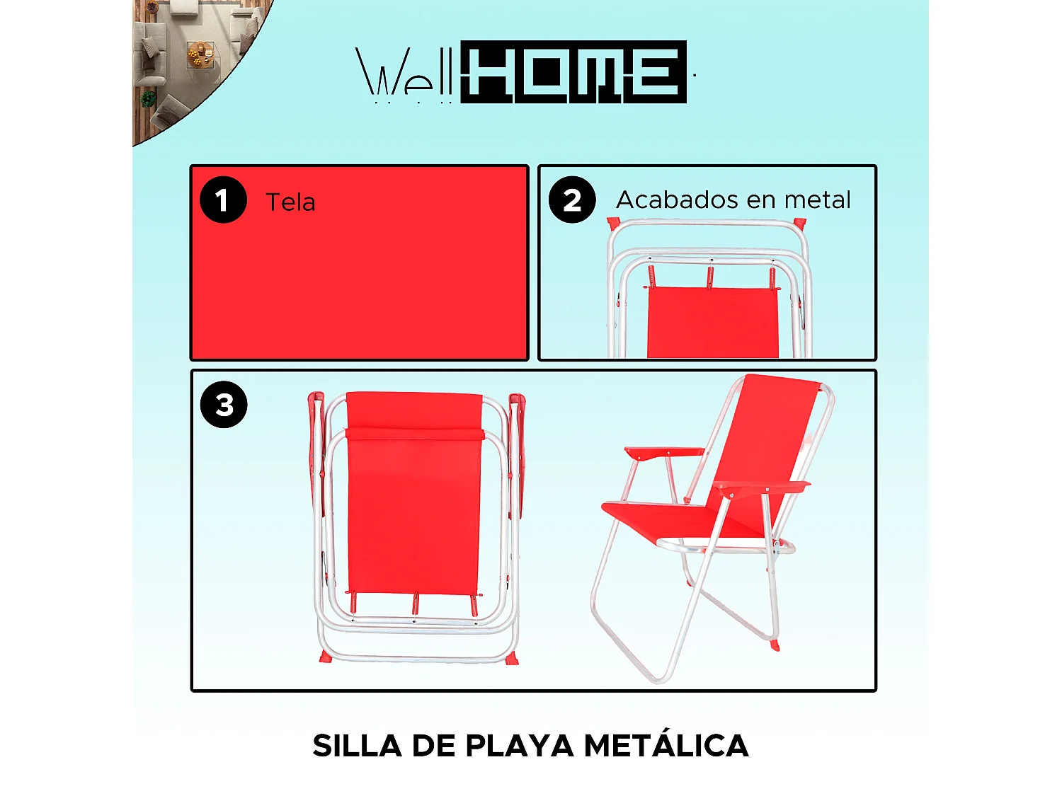 Chaise de plage pliante en métal rouge, 44x44x74 cm