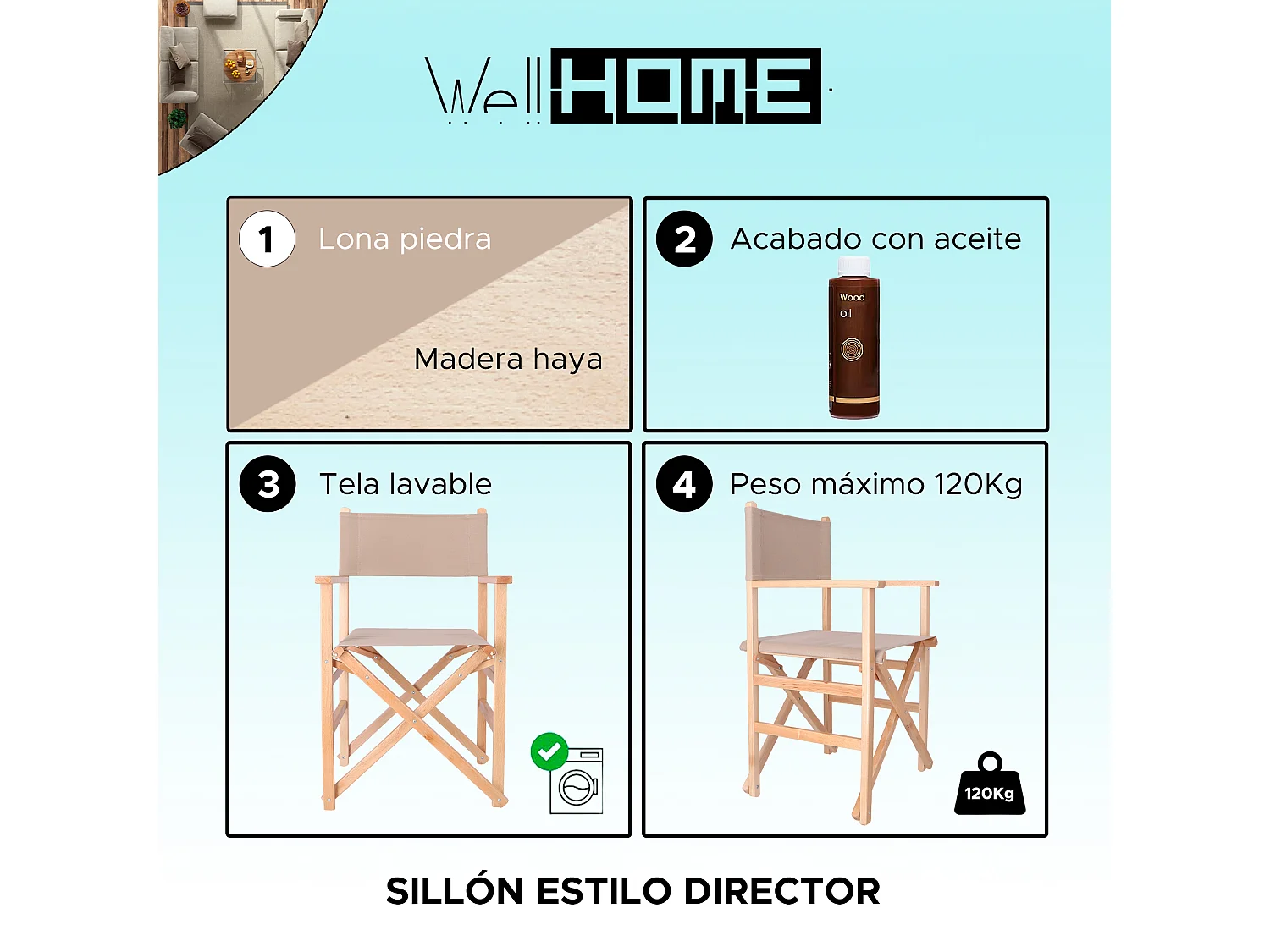 Fauteuil réalisateur Sunset fini à l'huile, toile de pierre, 51x46x86 cm