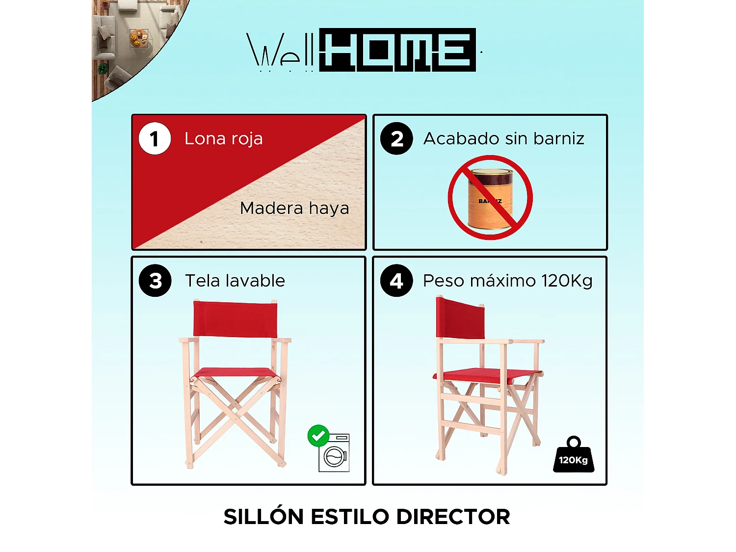 Chaise de réalisateur Sunset finition SANS vernis, toile marron, 51x46x86 cm