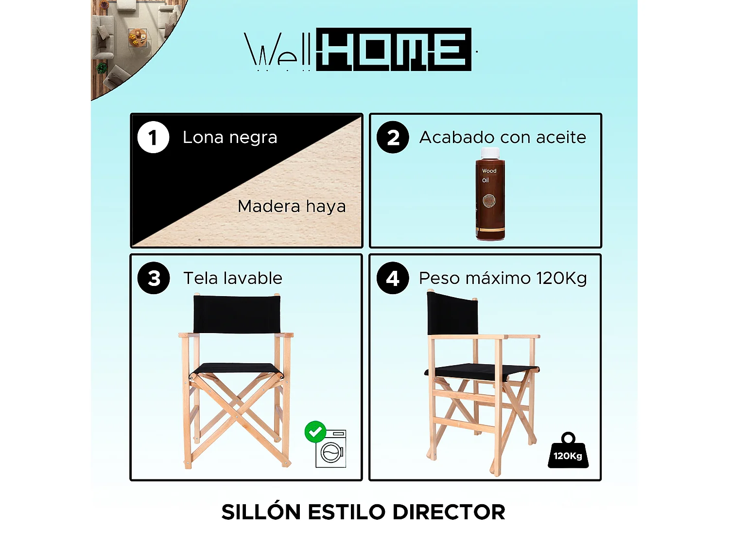 Chaise de réalisateur Sunset finition à l'huile, toile noire, 51x46x86 cm