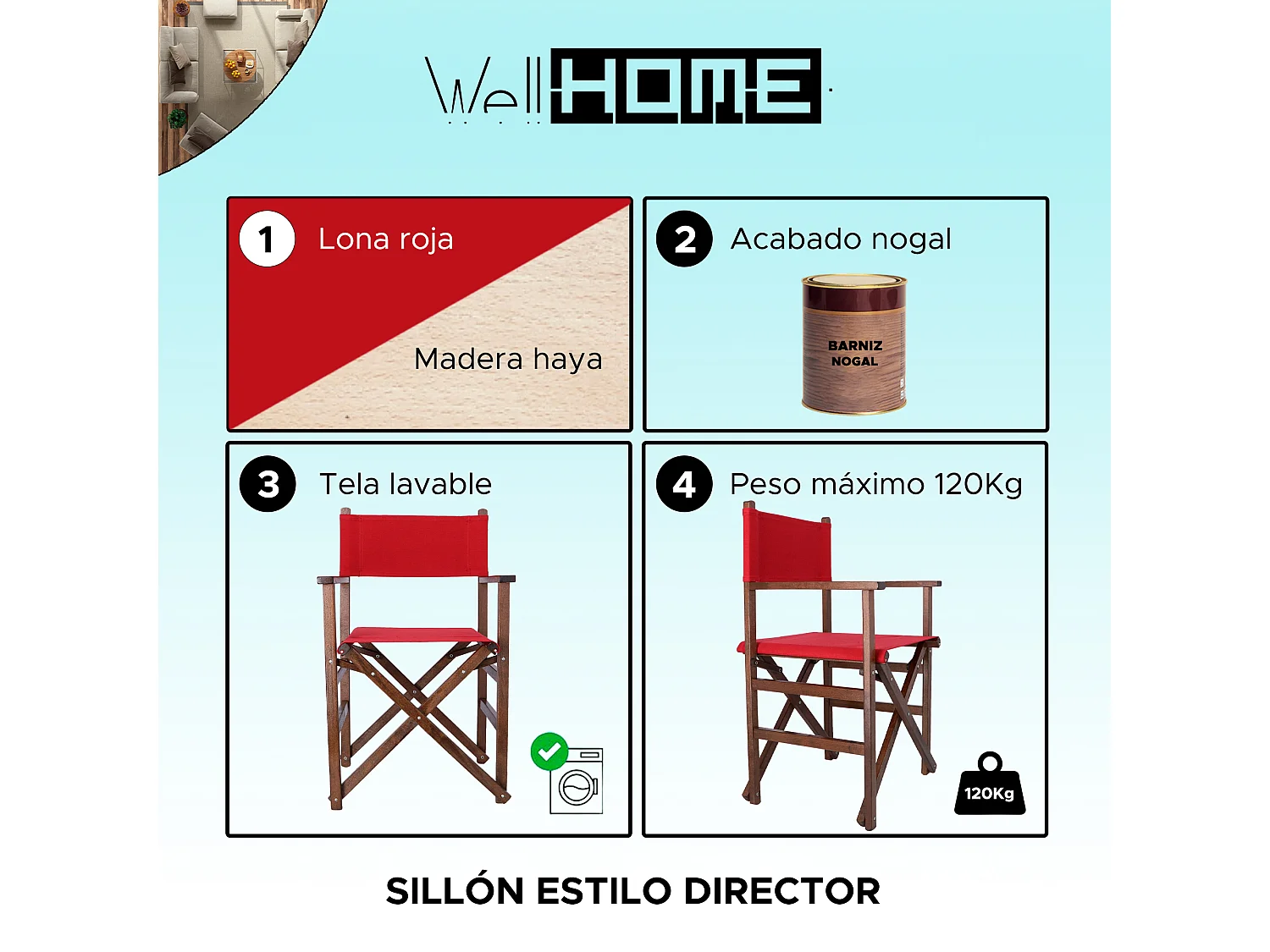 Chaise de réalisateur structure noyer et toile marron, 51x46x86 cm