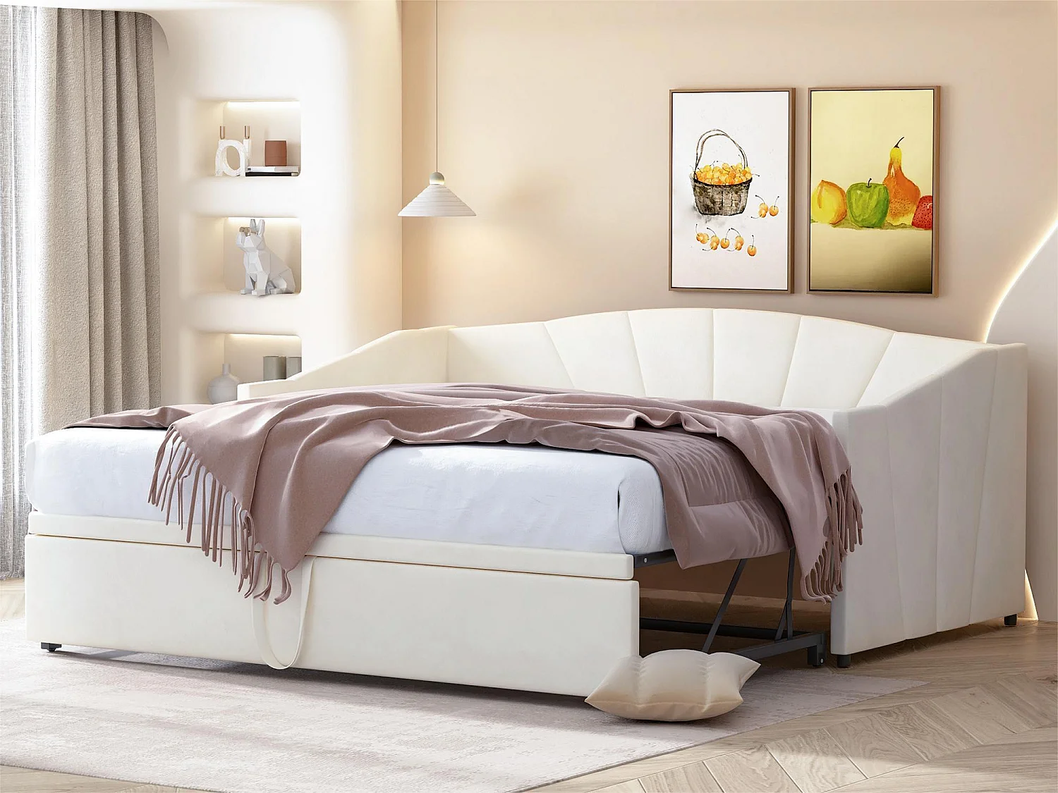 Cama com gavetão - 2 x 90 x 200 cm - veludo - base de ripas - cor bege