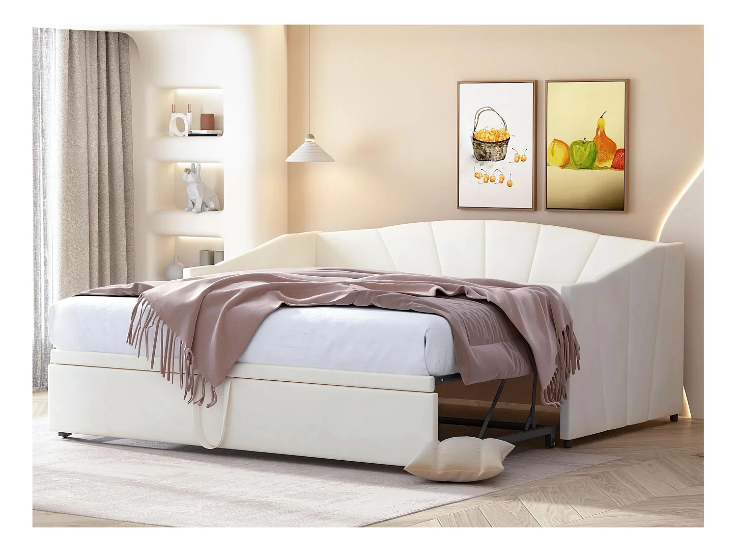 Lit gigogne - 2 x 90 x 200 cm - velours - sommier à lattes - coloris beige