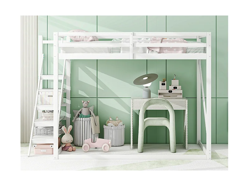 Etagenbett – 2 x 140 x 200 cm – Treppe und Lattenrost – Massivholz + MDF – Farbe Weiß