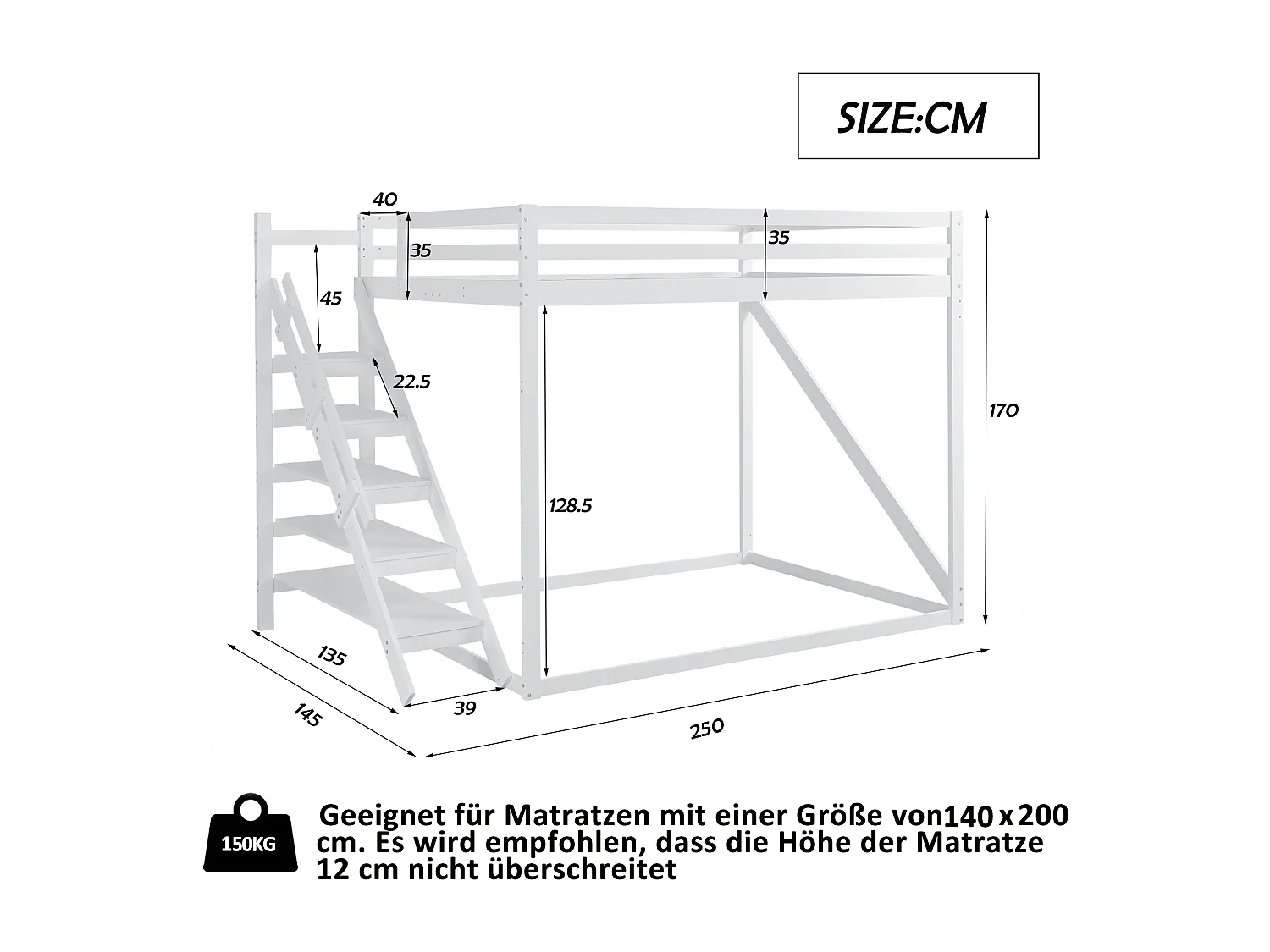 Lit superposé - 2 x 140 x 200 cm - escaliers et sommier à lattes - bois massif + MDF - Coloris blanc