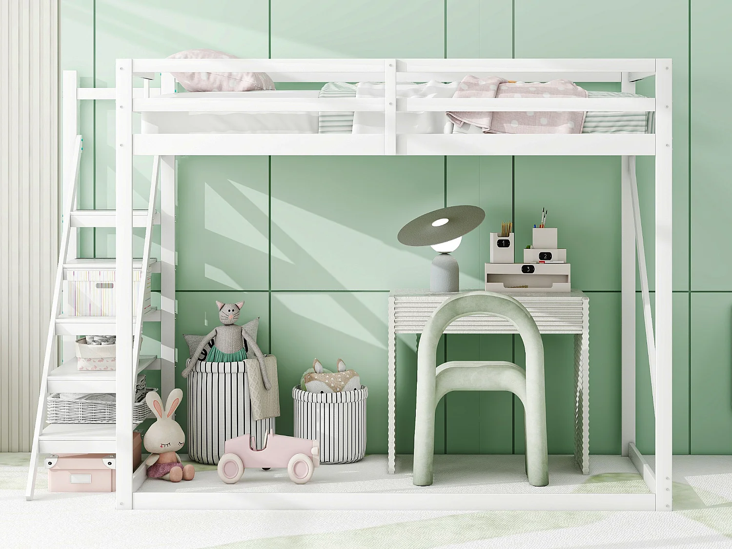 Łóżko piętrowe - 2 x 140 x 200 cm - stopnie i stelaż - drewno lite + płyta MDF - kolor biały