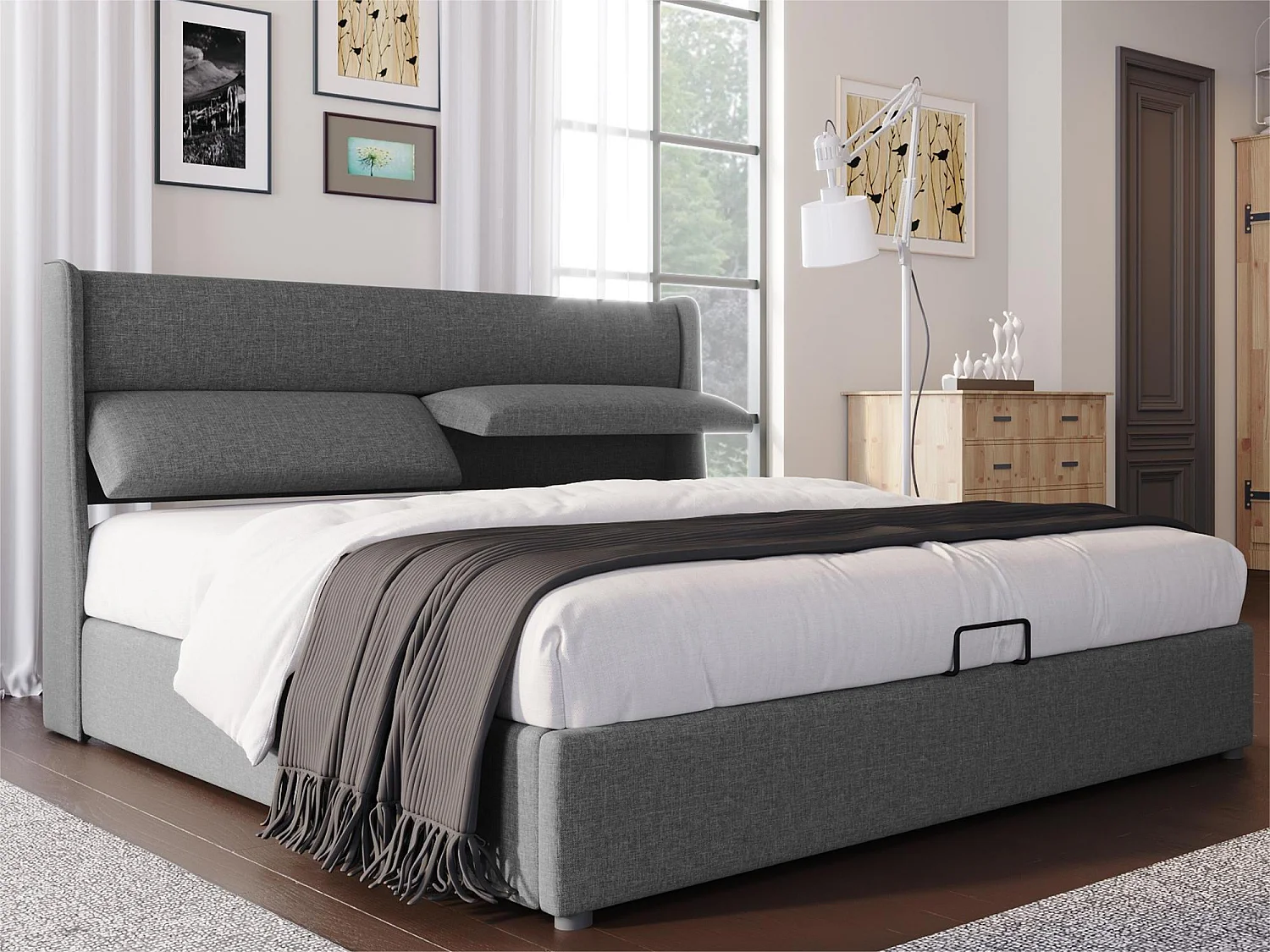 Letto contenitore con testiera regolabile - 160 x 200 cm - tessuto lino - rete a doghe - colore grigio
