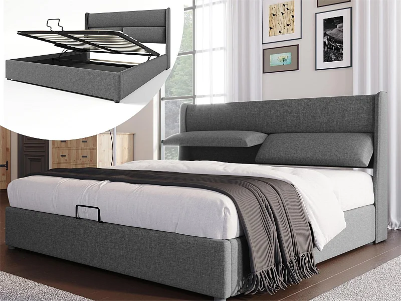 Letto contenitore con testiera regolabile - 180 x 200 cm - tessuto lino - rete a doghe - colore grigio