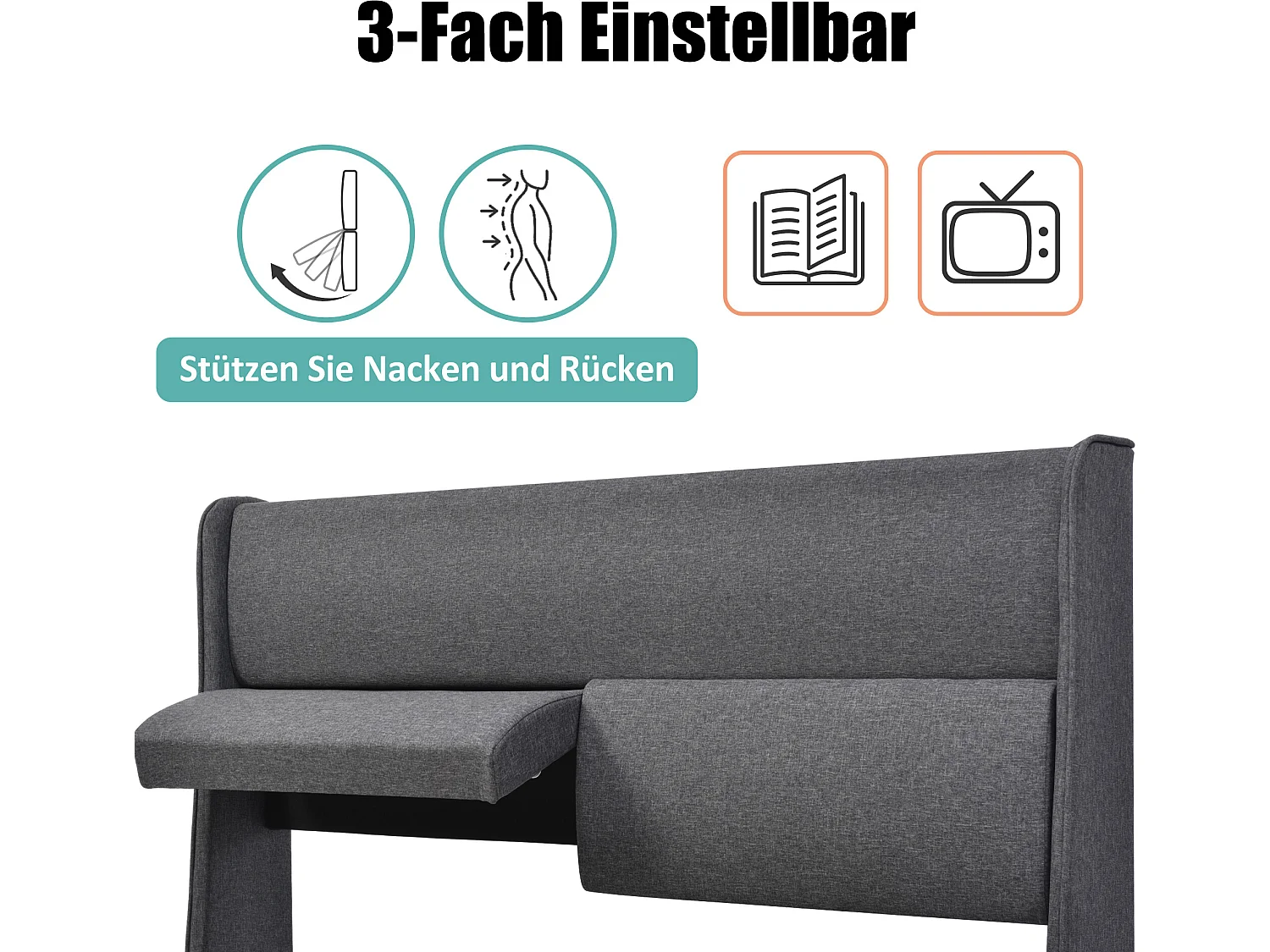 Bett mit Stauraum und verstellbaren Kopfstützen – 180 x 200 cm – Leinenstoff – Lattenrost – graue Farbe