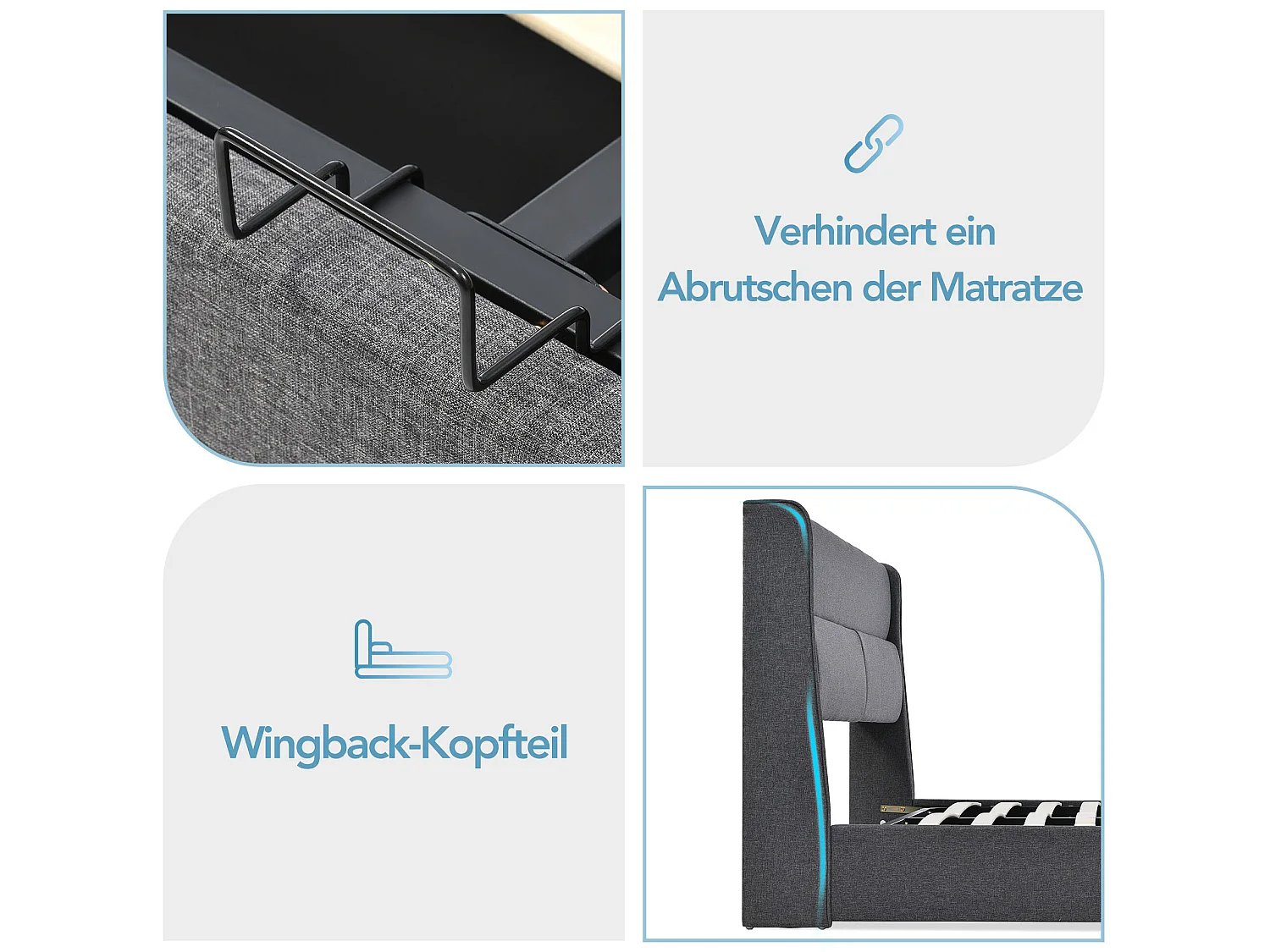 Bett mit Stauraum und verstellbaren Kopfstützen – 180 x 200 cm – Leinenstoff – Lattenrost – graue Farbe