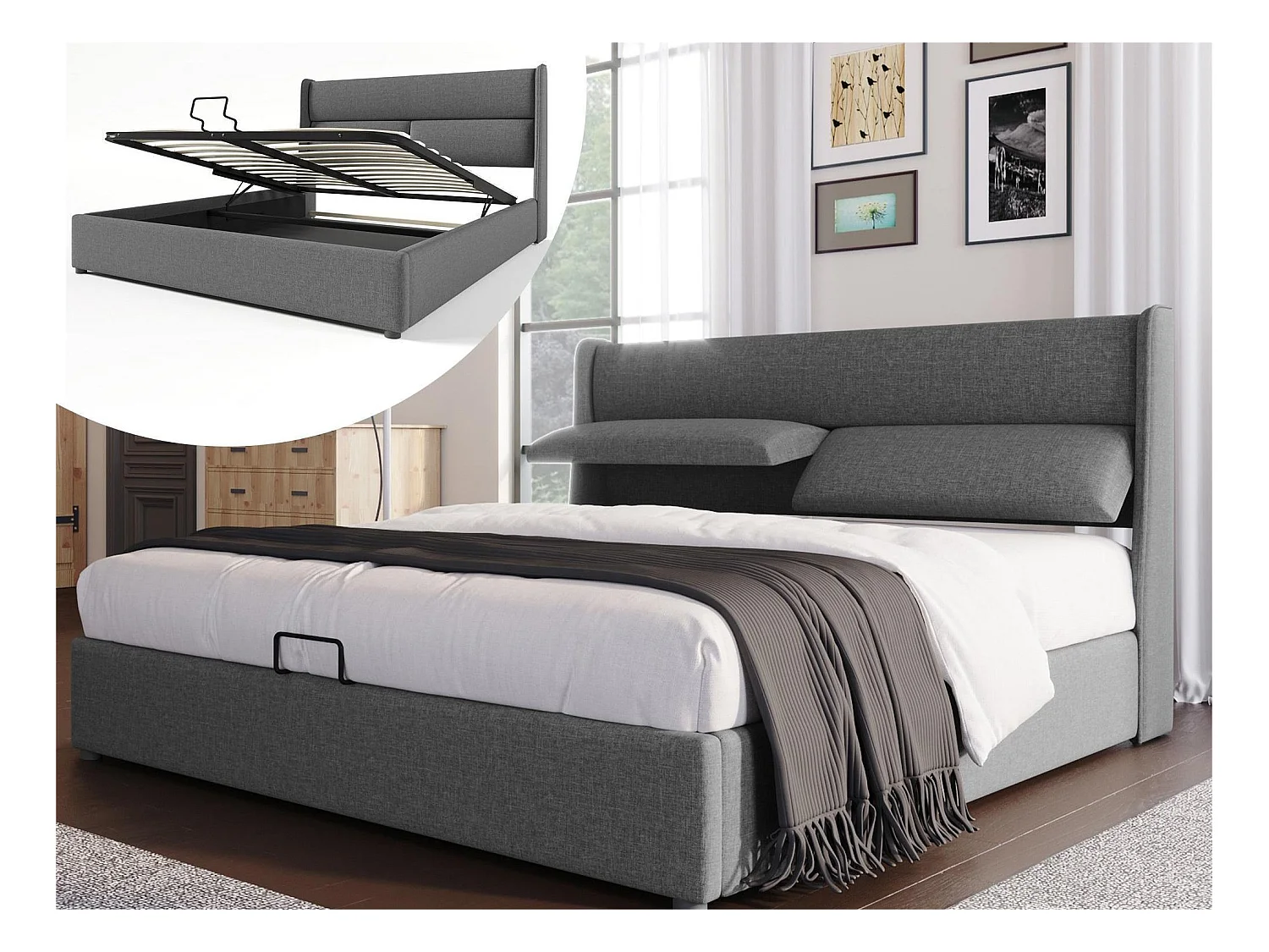 Opbergbed met verstelbare hoofdsteunen - 180 x 200 cm - linnen stof - lattenbodem - grijze kleur