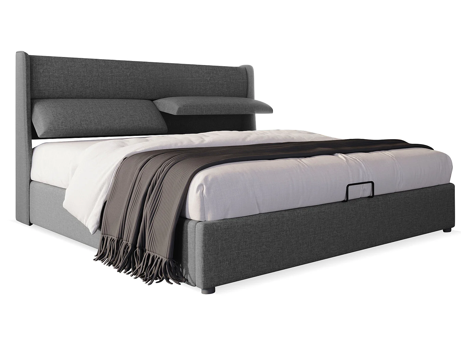 Lit coffre avec appuie-têtes réglables - 180 x 200 cm - tissu lin - sommier à lattes - coloris gris