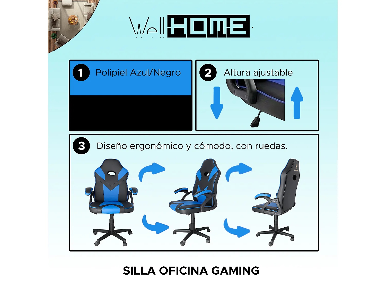 Chaise de bureau universelle gaming bleue avec accoudoirs