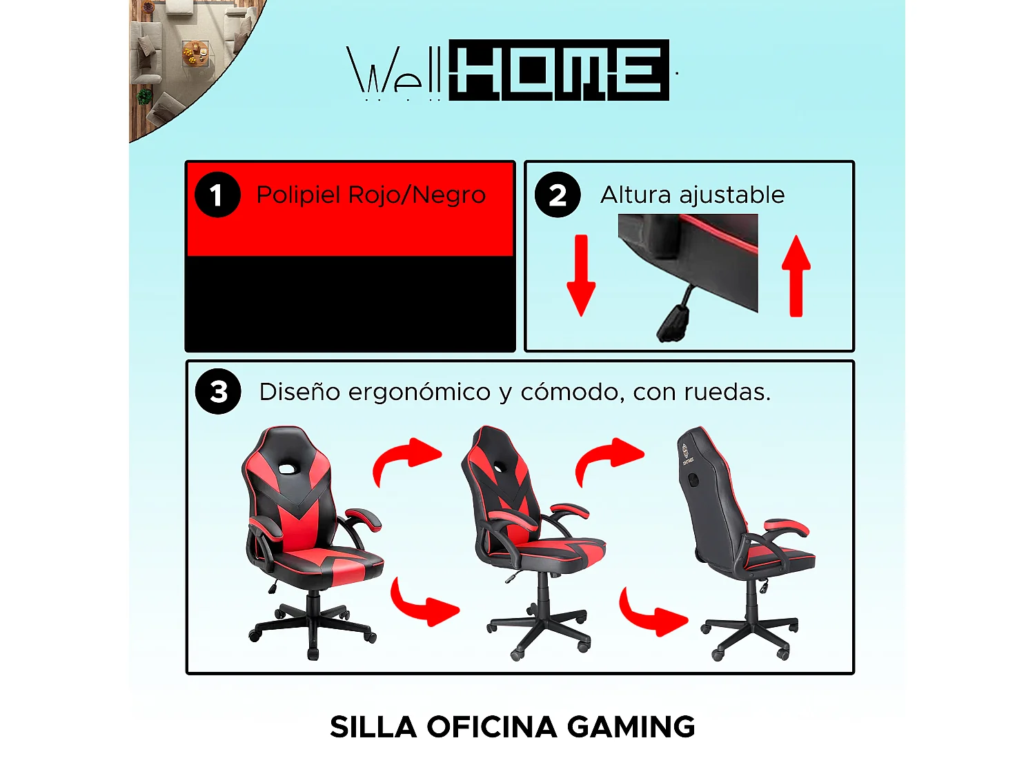 Chaise de bureau universelle gaming rouge avec accoudoirs