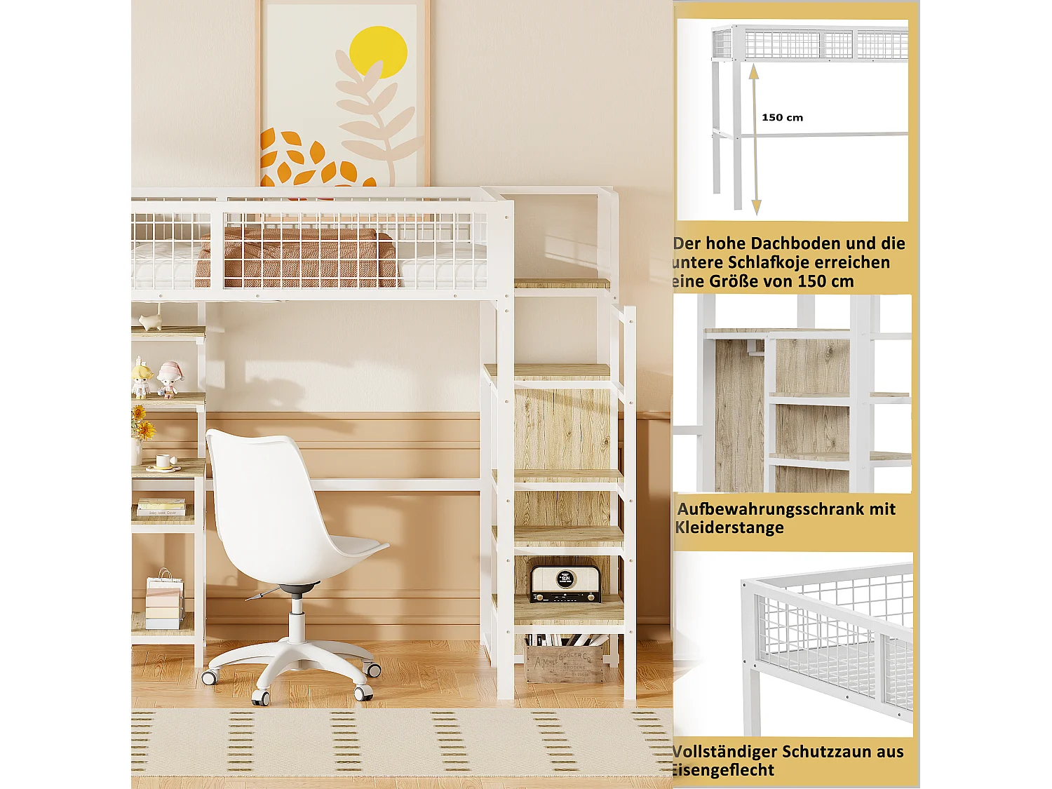 Letto a soppalco 90 x 200 cm con scrivania e armadio - metallo e MDF - bianco e naturale