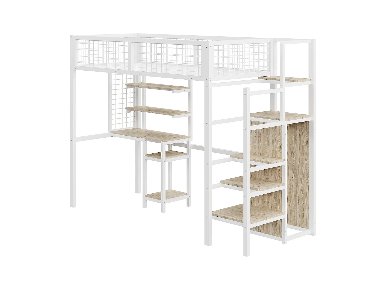 Hoogslaper 90 x 200 cm met bureau en kledingkast - metaal en MDF - wit en naturel