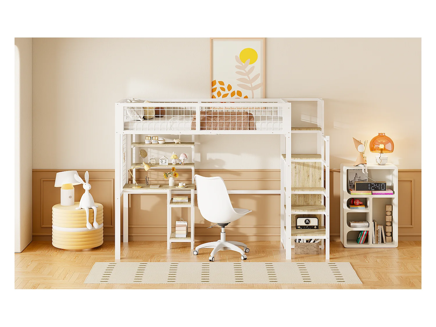 Hoogslaper 90 x 200 cm met bureau en kledingkast - metaal en MDF - wit en naturel