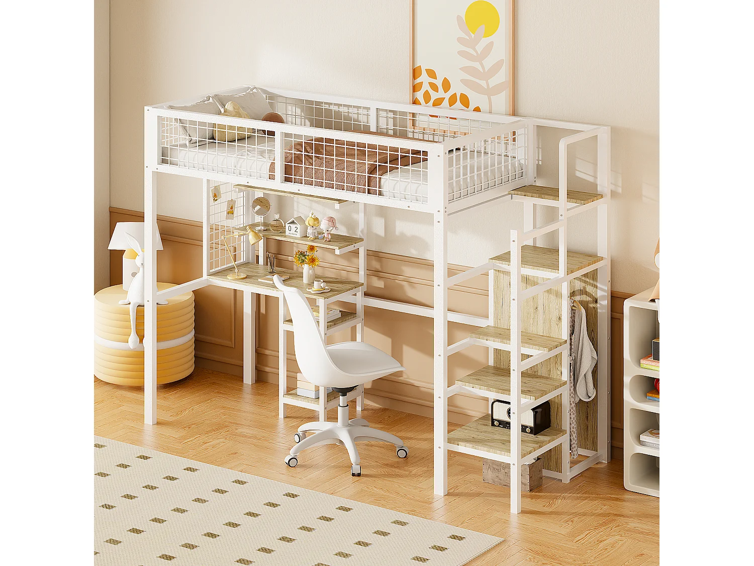 Hoogslaper 90 x 200 cm met bureau en kledingkast - metaal en MDF - wit en naturel