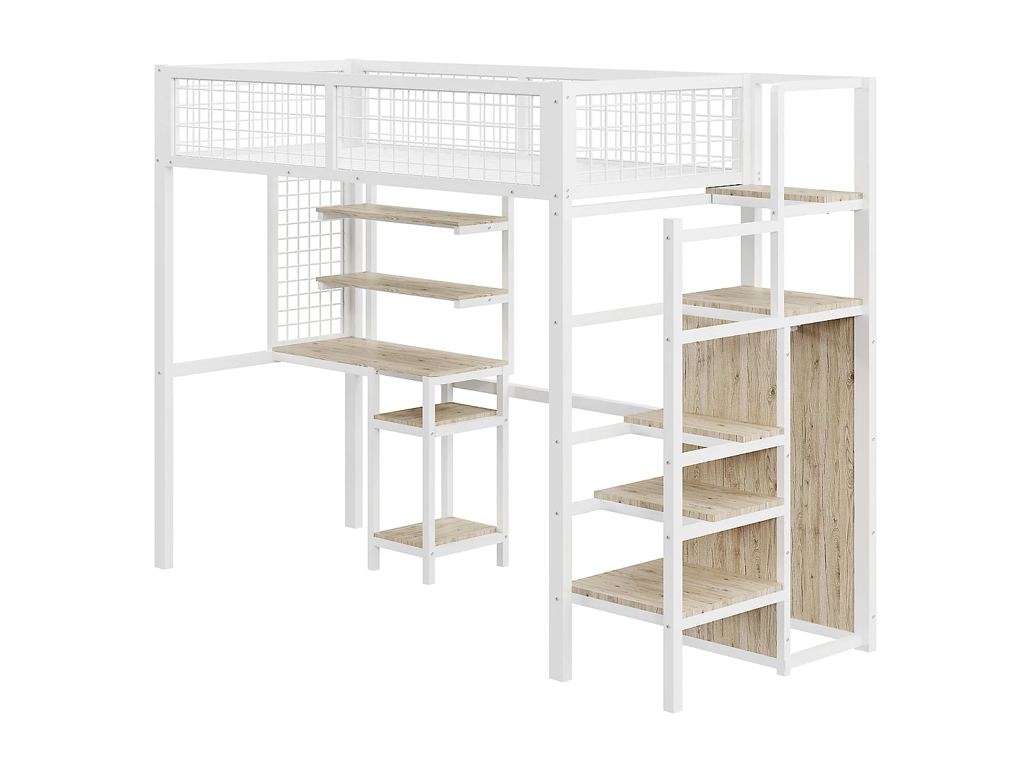 Hoogslaper 90 x 200 cm met bureau en kledingkast - metaal en MDF - wit en naturel