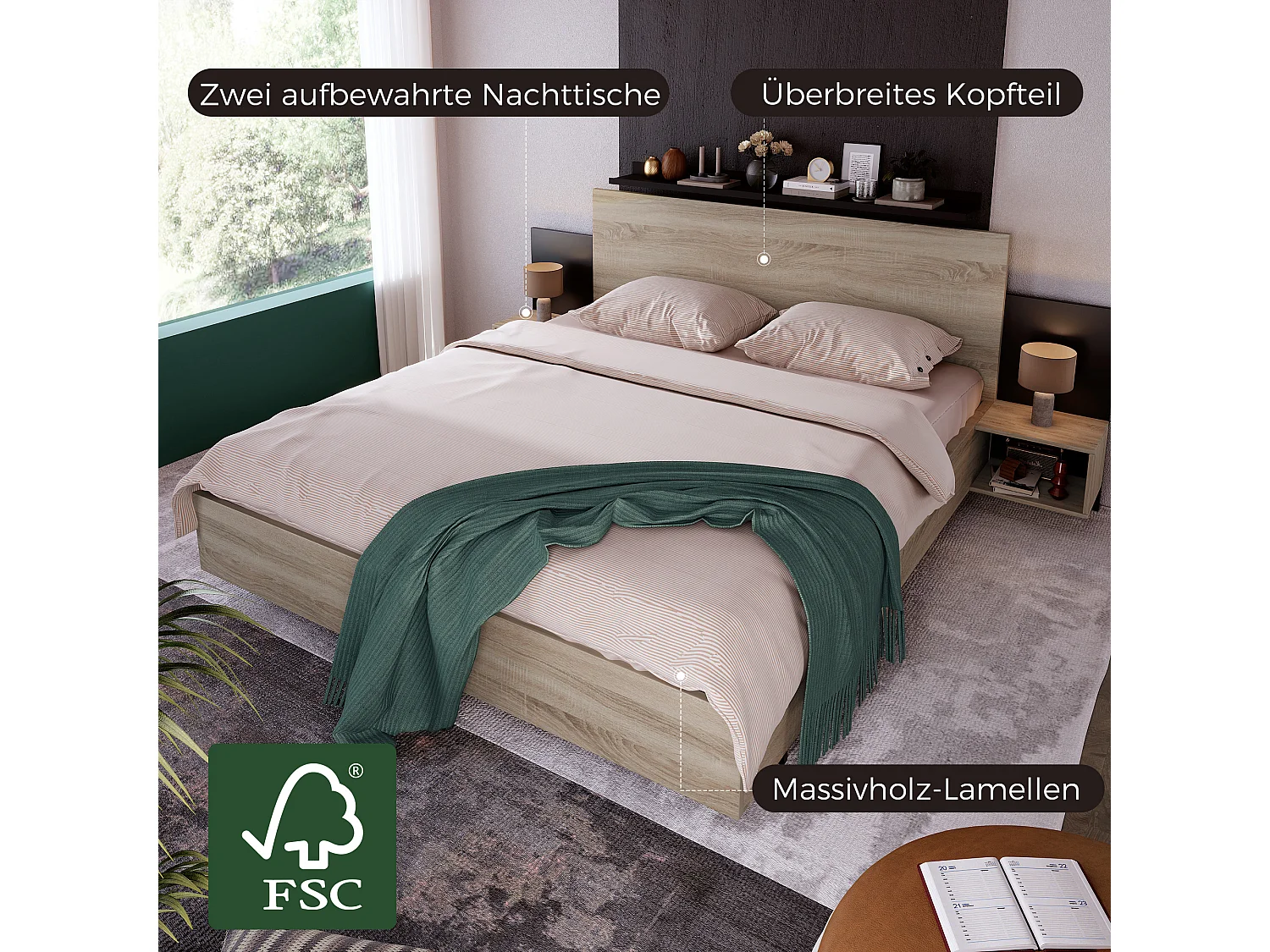 Set letto con comodini 160 x 200 cm + Boxspring - legno massello - Colori: naturale e antracite