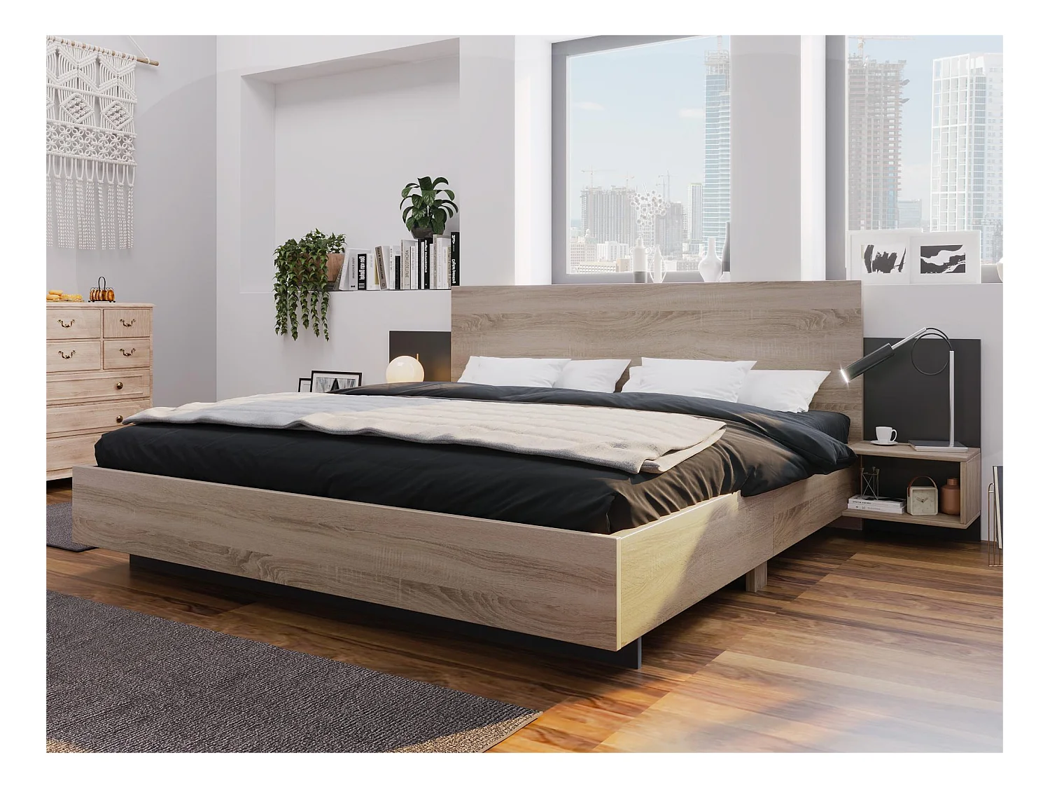 Ensemble lit avec chevets 160 x 200 cm + Sommier - bois massif - Coloris : Naturel et anthracite