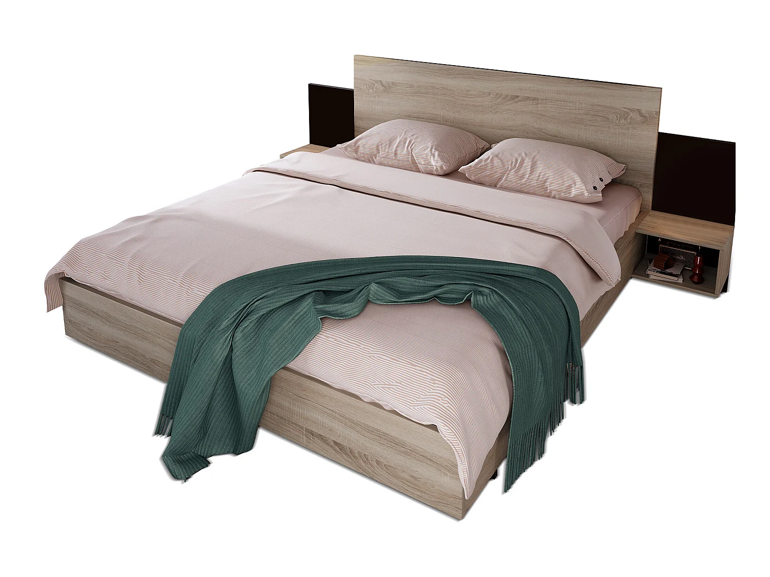Bedset met nachtkastjes 160 x 200 cm + Boxspring - massief hout - Kleuren: Naturel en antraciet