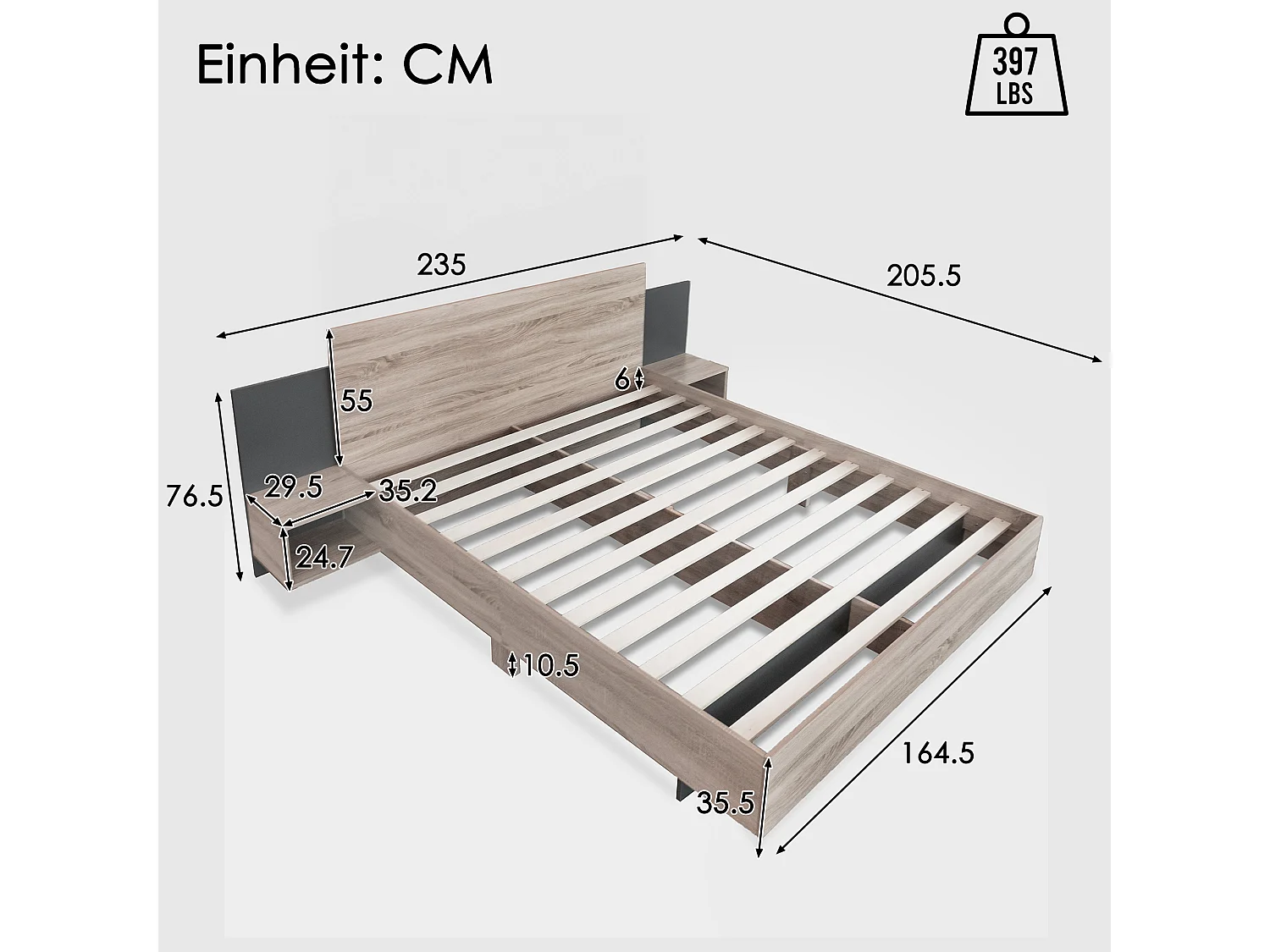 Bedset met nachtkastjes 160 x 200 cm + Boxspring - massief hout - Kleuren: Naturel en antraciet